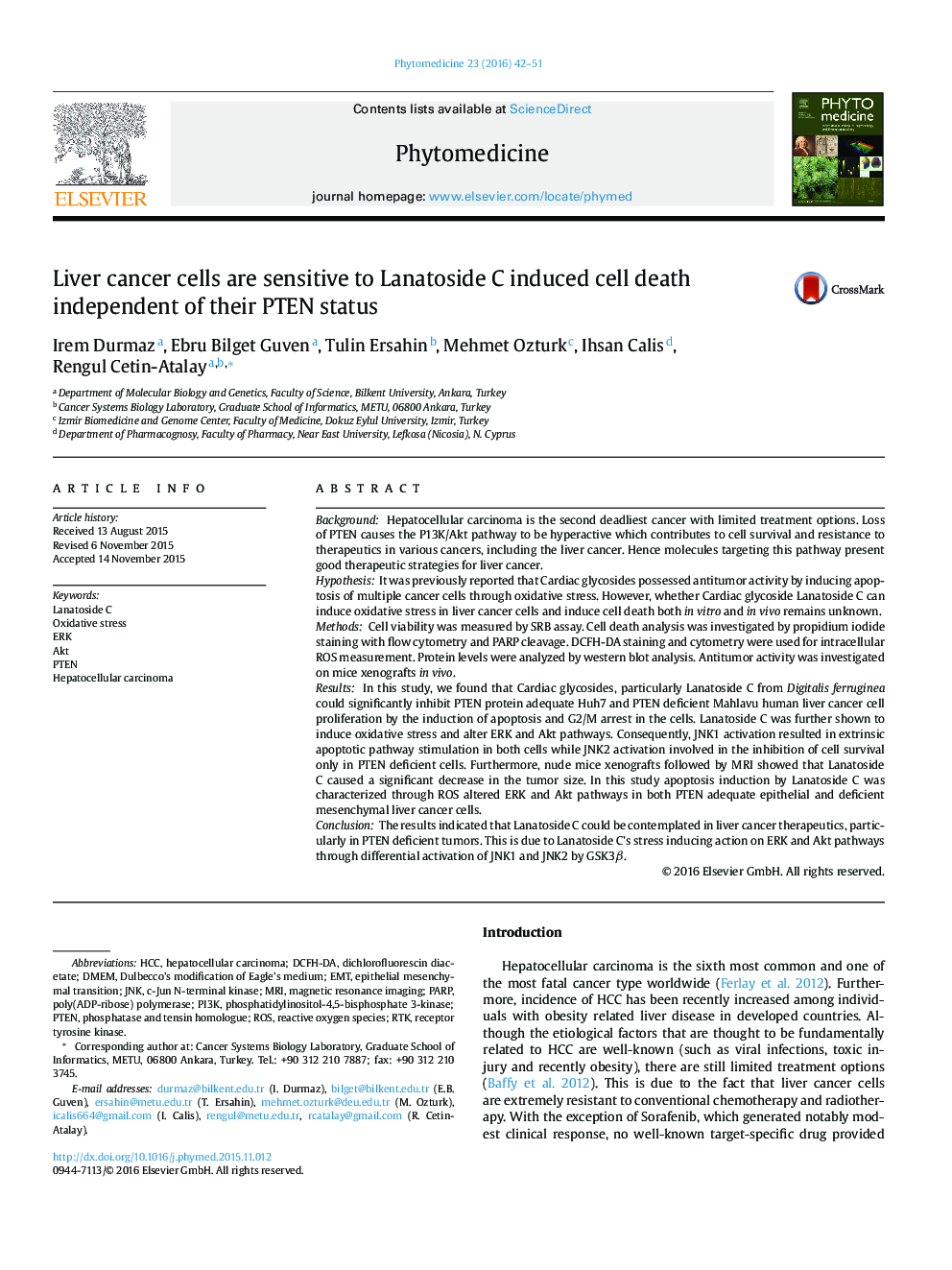 Liver cancer cells are sensitive to Lanatoside C induced cell death independent of their PTEN status