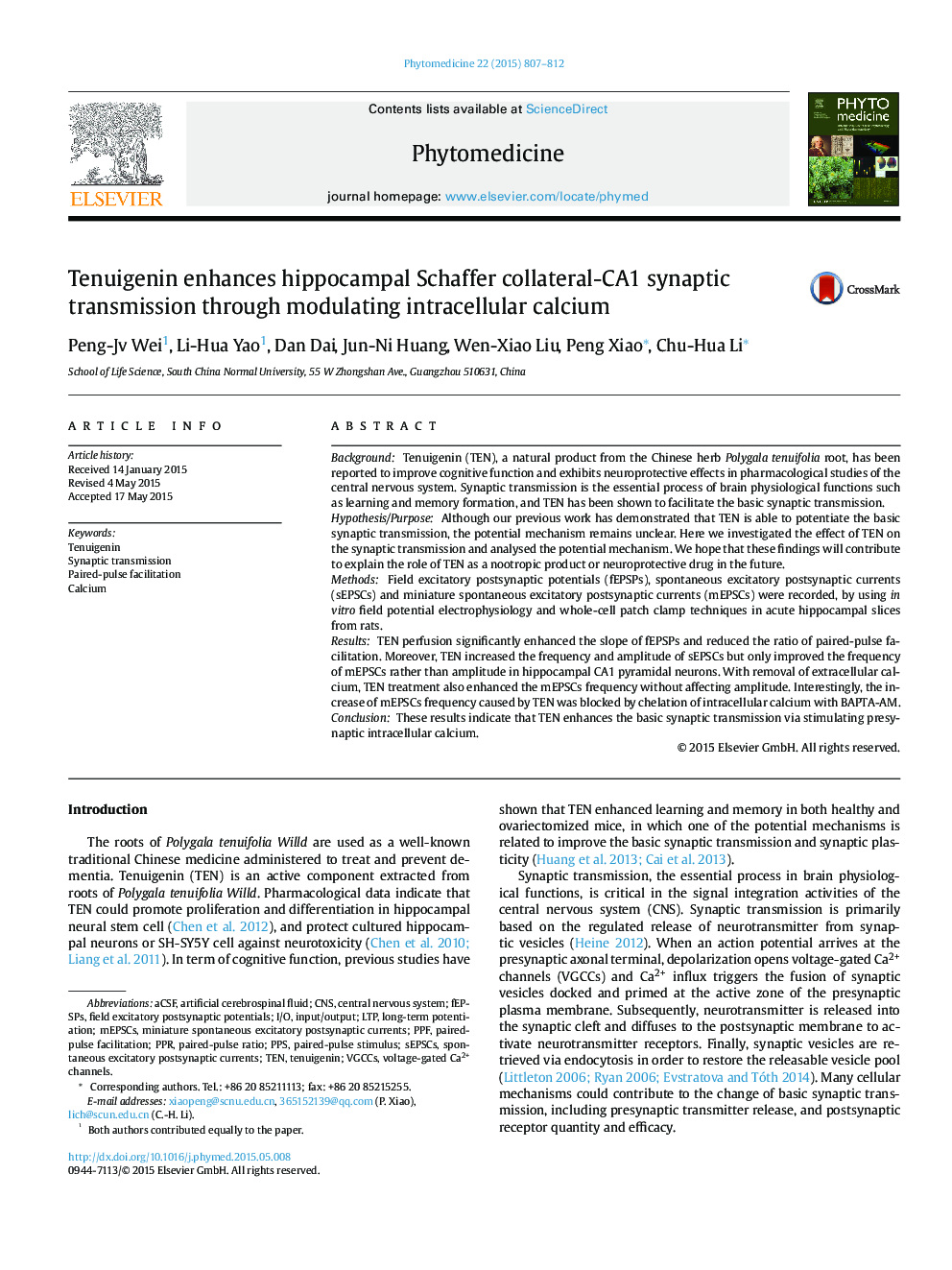 Tenuigenin enhances hippocampal Schaffer collateral-CA1 synaptic transmission through modulating intracellular calcium