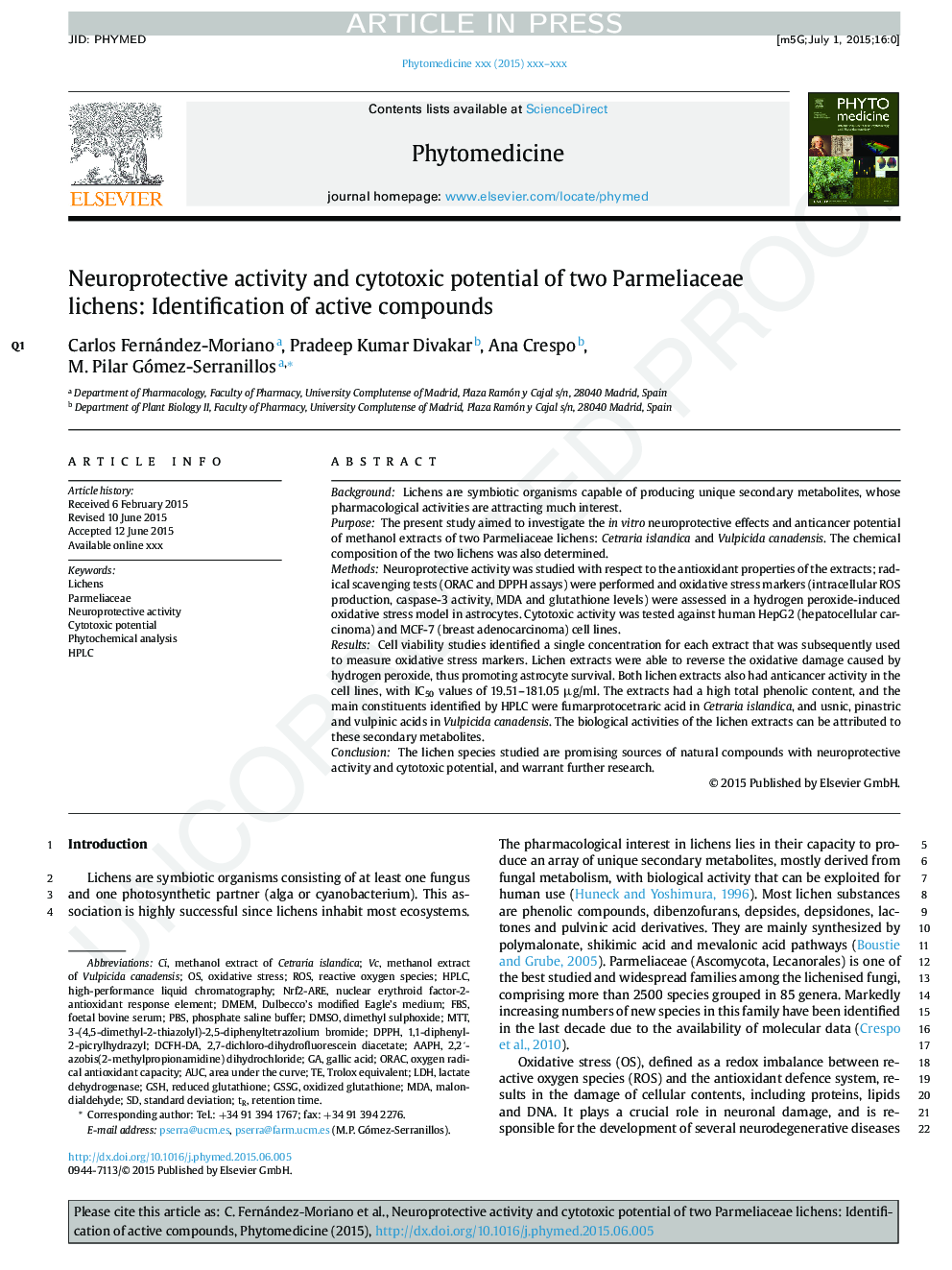 Neuroprotective activity and cytotoxic potential of two Parmeliaceae lichens: Identification of active compounds