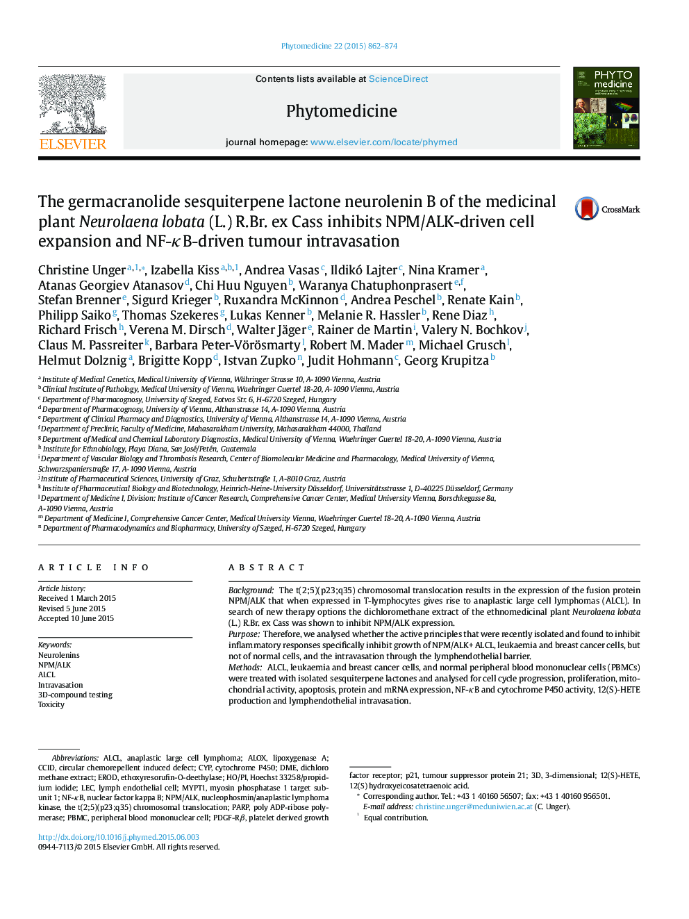 The germacranolide sesquiterpene lactone neurolenin B of the medicinal plant Neurolaena lobata (L.) R.Br. ex Cass inhibits NPM/ALK-driven cell expansion and NF-ÎºB-driven tumour intravasation