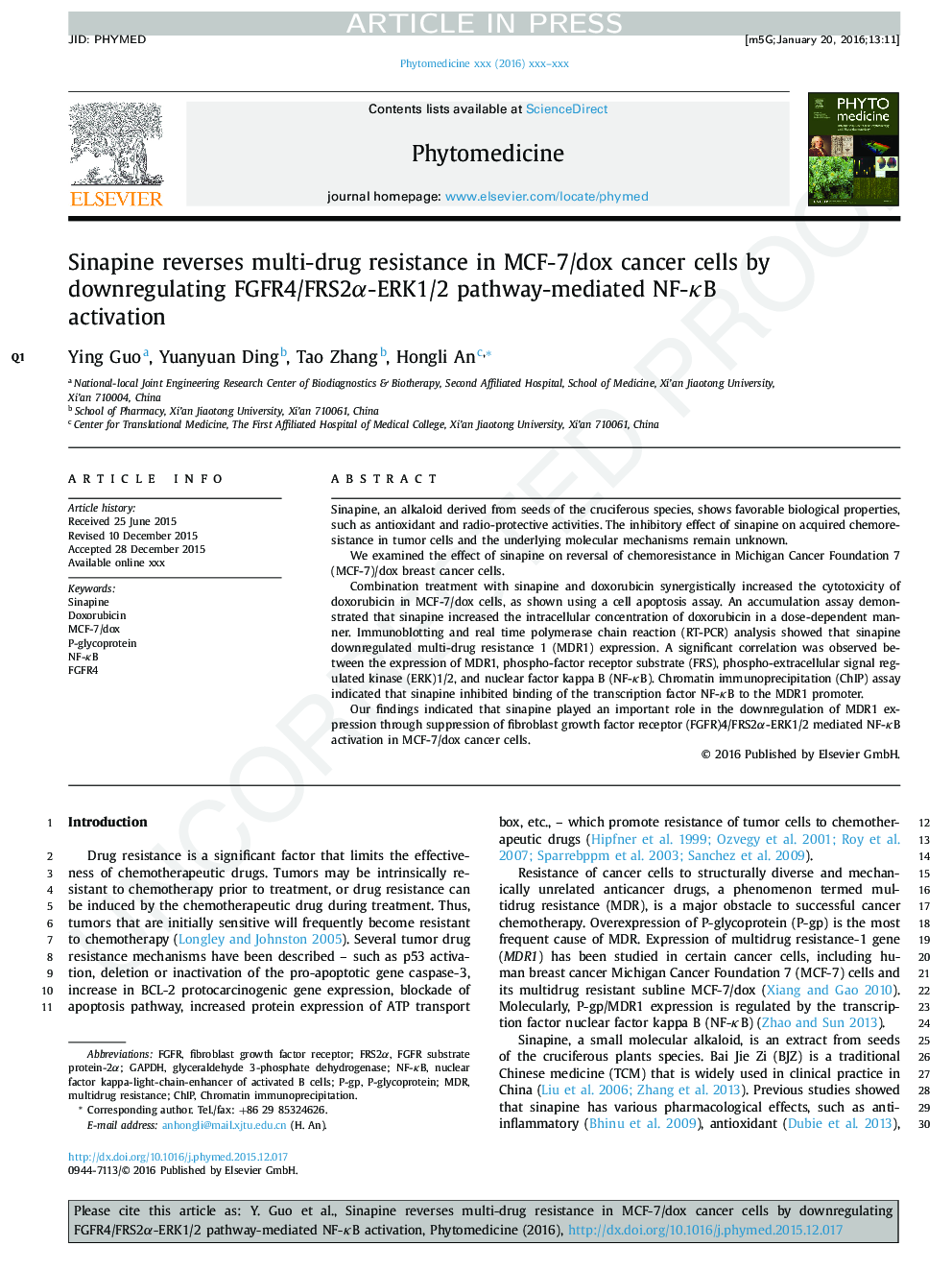 Sinapine reverses multi-drug resistance in MCF-7/dox cancer cells by downregulating FGFR4/FRS2Î±-ERK1/2 pathway-mediated NF-ÎºB activation