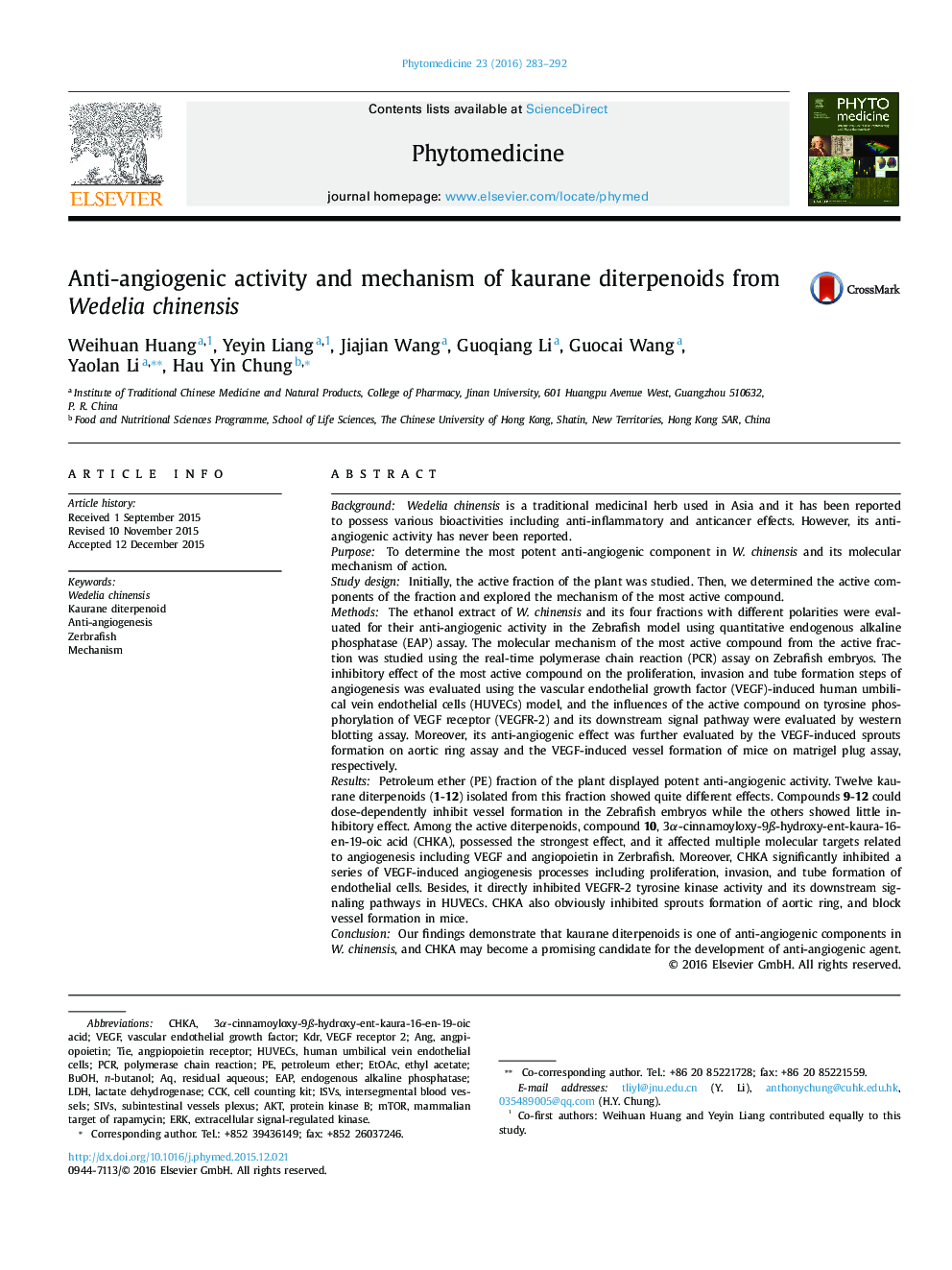 Anti-angiogenic activity and mechanism of kaurane diterpenoids from Wedelia chinensis