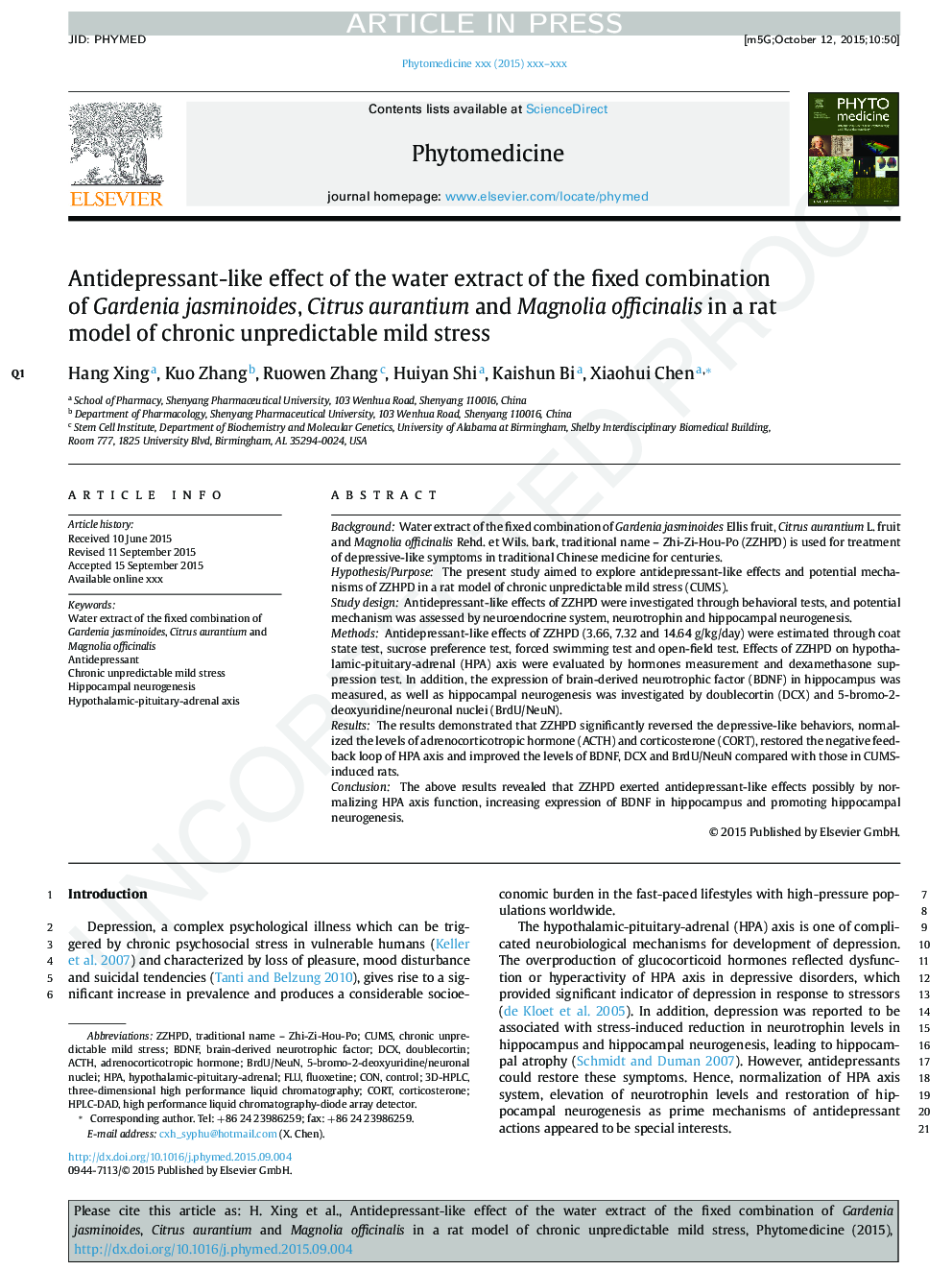 Antidepressant-like effect of the water extract of the fixed combination of Gardenia jasminoides, Citrus aurantium and Magnolia officinalis in a rat model of chronic unpredictable mild stress