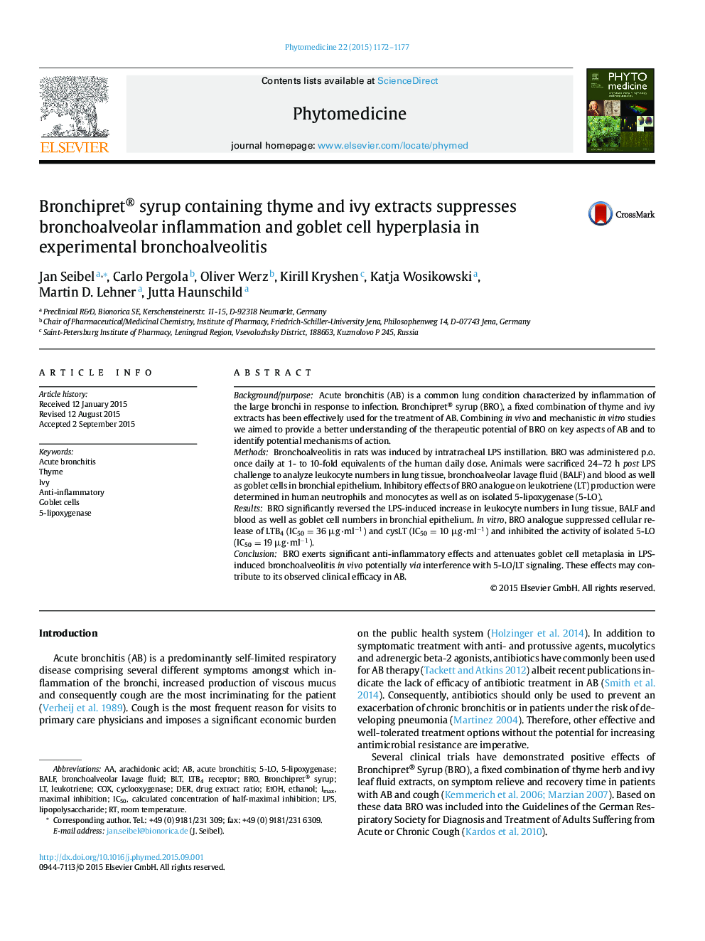 Bronchipret® syrup containing thyme and ivy extracts suppresses bronchoalveolar inflammation and goblet cell hyperplasia in experimental bronchoalveolitis