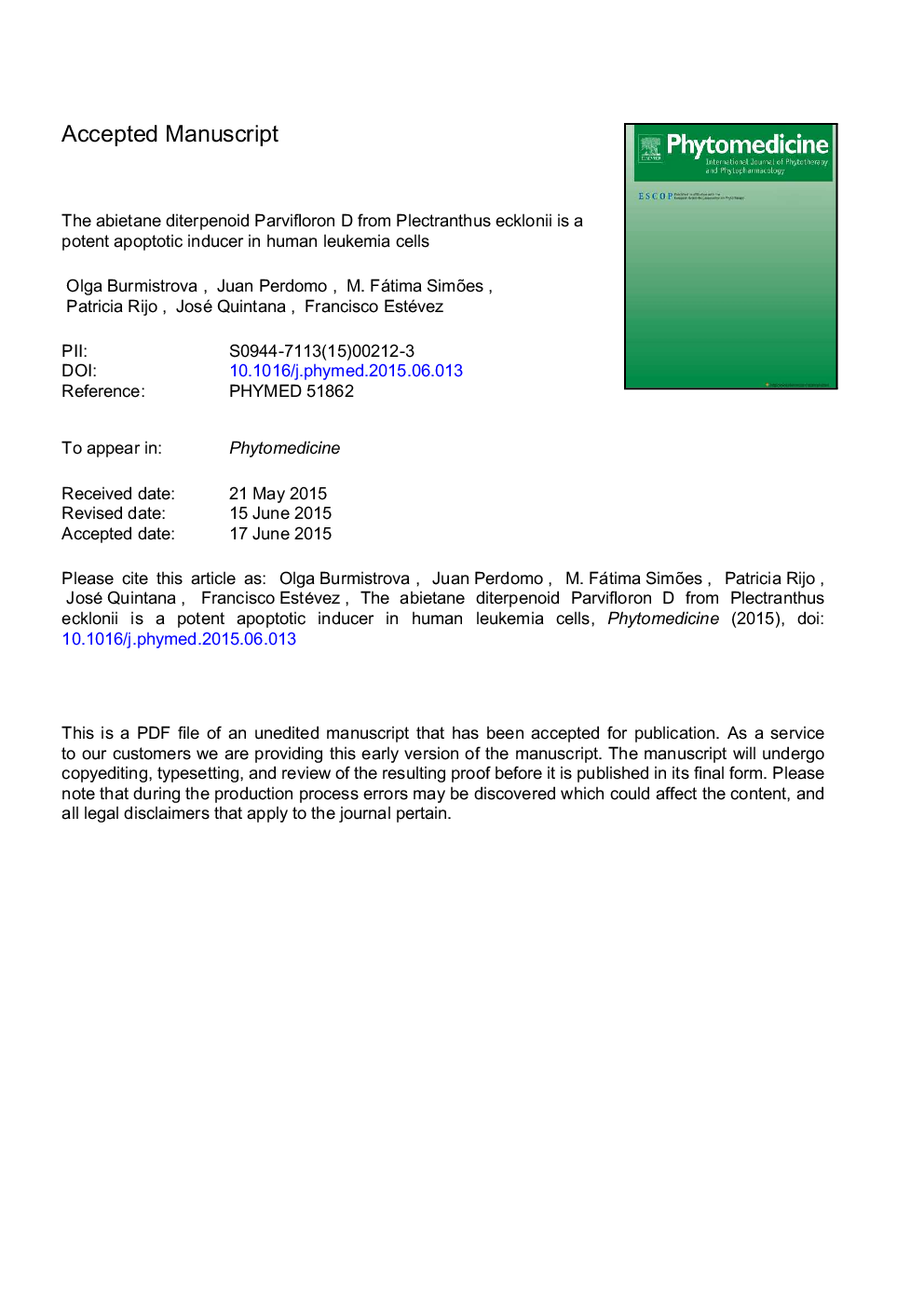 The abietane diterpenoid parvifloron D from Plectranthus ecklonii is a potent apoptotic inducer in human leukemia cells