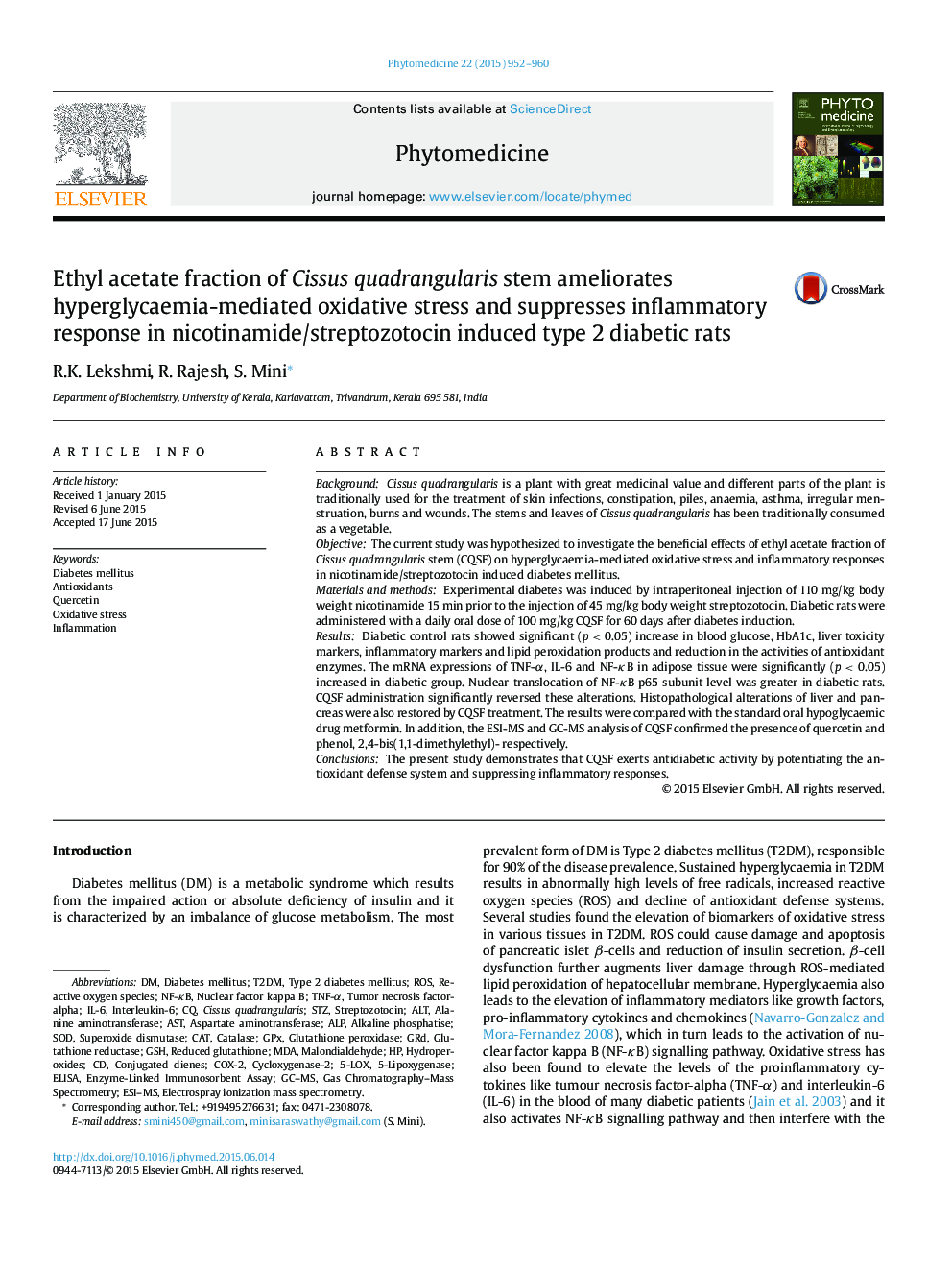 Ethyl acetate fraction of Cissus quadrangularis stem ameliorates hyperglycaemia-mediated oxidative stress and suppresses inflammatory response in nicotinamide/streptozotocin induced type 2 diabetic rats