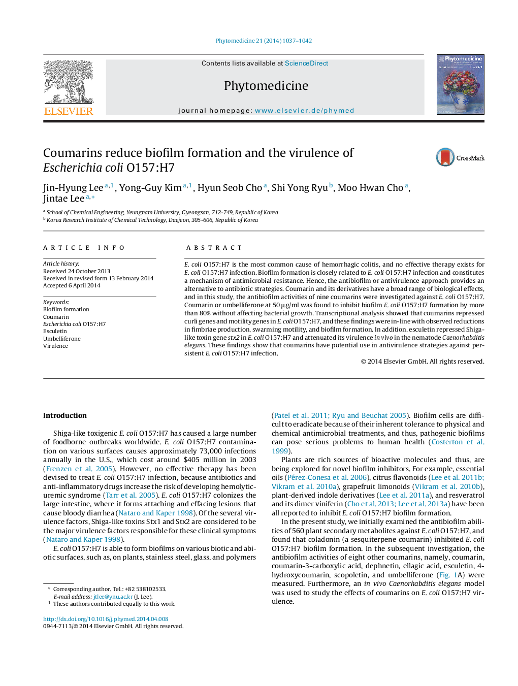 Coumarins reduce biofilm formation and the virulence of Escherichia coli O157:H7