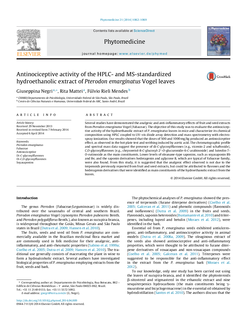 Antinociceptive activity of the HPLC- and MS-standardized hydroethanolic extract of Pterodon emarginatus Vogel leaves