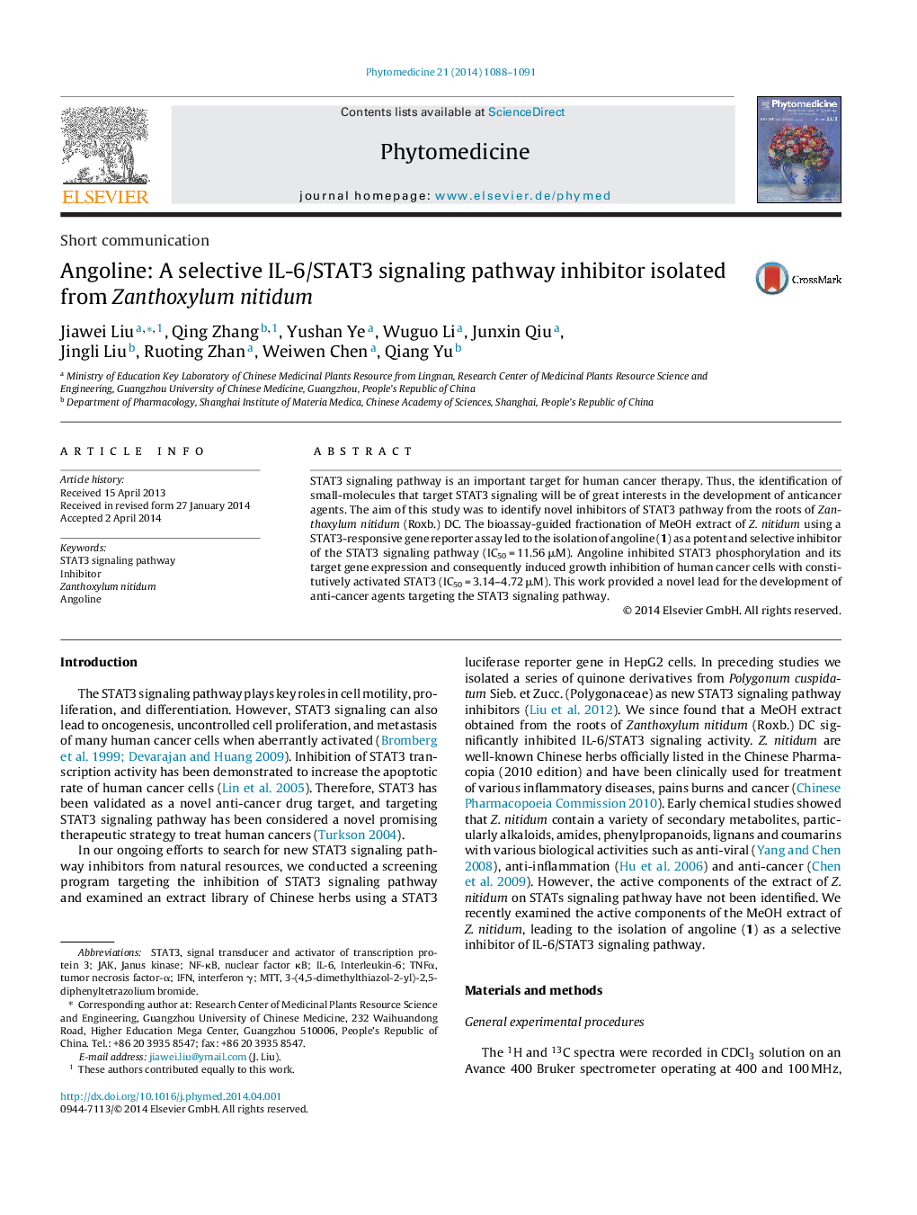 Short communicationAngoline: A selective IL-6/STAT3 signaling pathway inhibitor isolated from Zanthoxylum nitidum