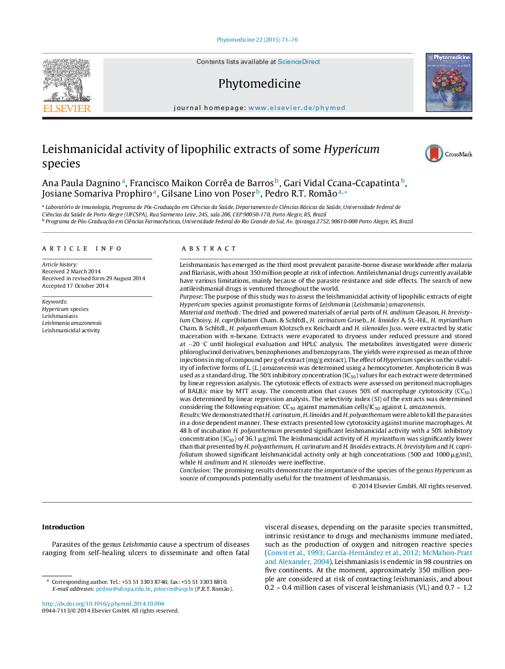 Leishmanicidal activity of lipophilic extracts of some Hypericum species