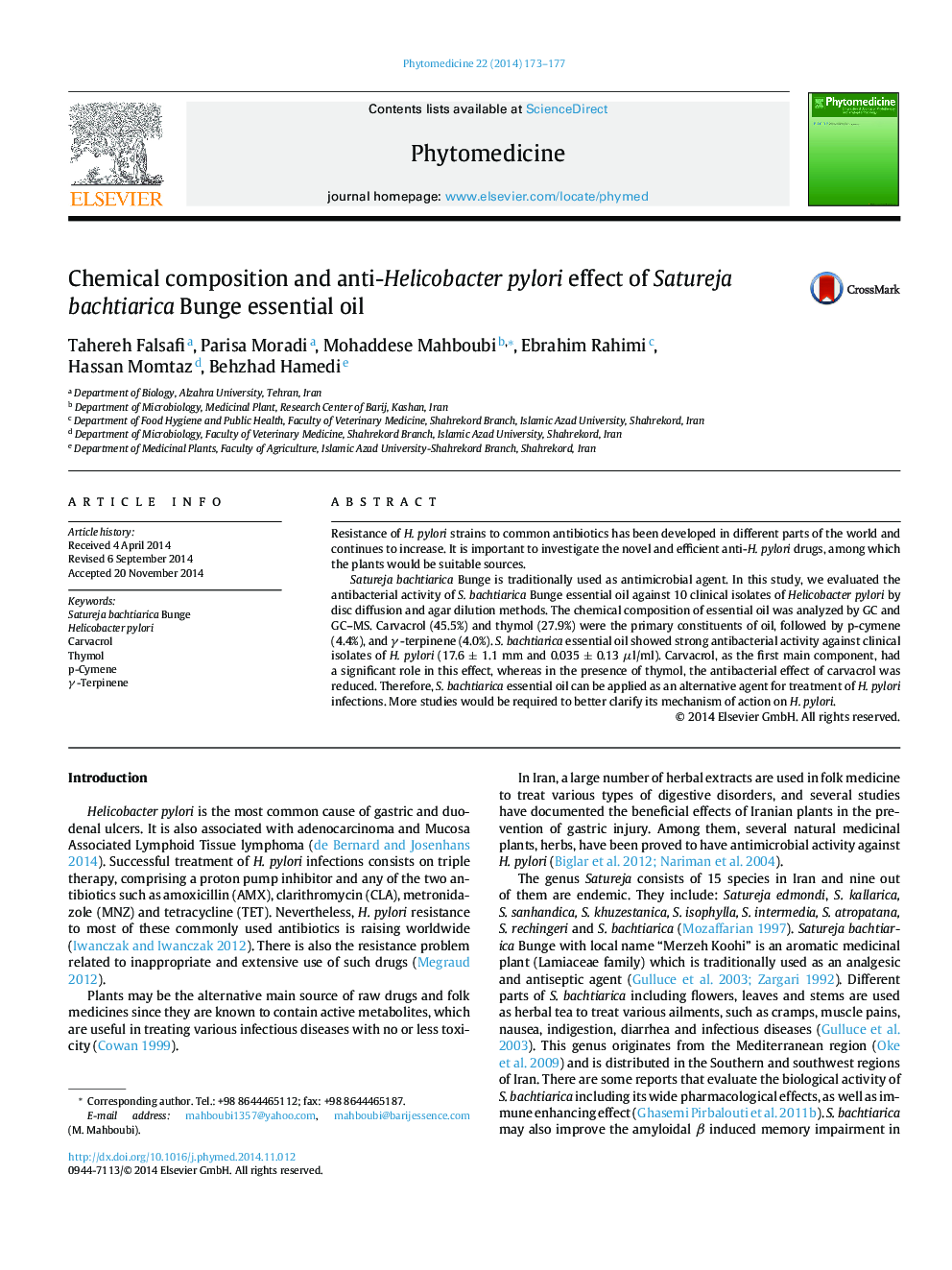 Chemical composition and anti-Helicobacter pylori effect of Satureja bachtiarica Bunge essential oil