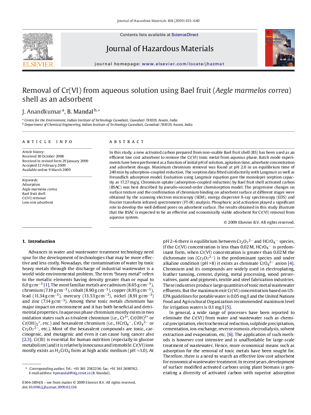 Removal of Cr(VI) from aqueous solution using Bael fruit (Aegle marmelos correa) shell as an adsorbent