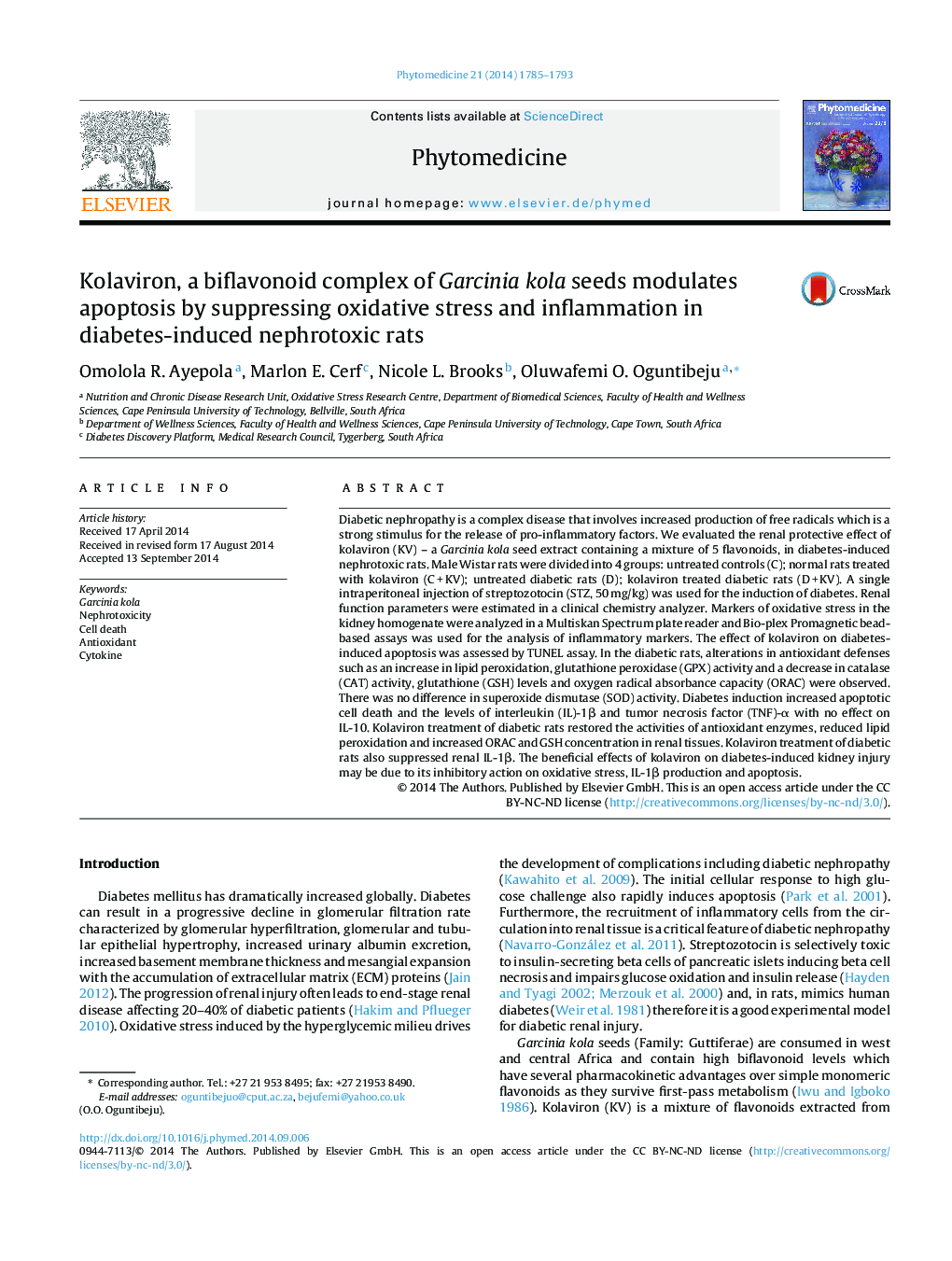 Kolaviron, a biflavonoid complex of Garcinia kola seeds modulates apoptosis by suppressing oxidative stress and inflammation in diabetes-induced nephrotoxic rats