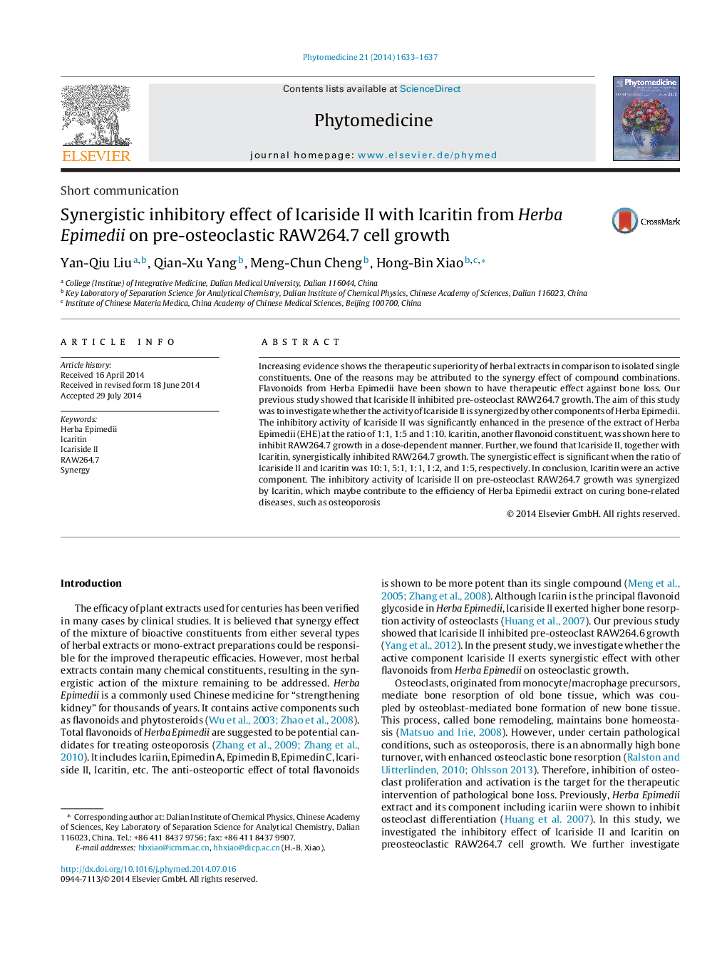 Synergistic inhibitory effect of Icariside II with Icaritin from Herba Epimedii on pre-osteoclastic RAW264.7 cell growth