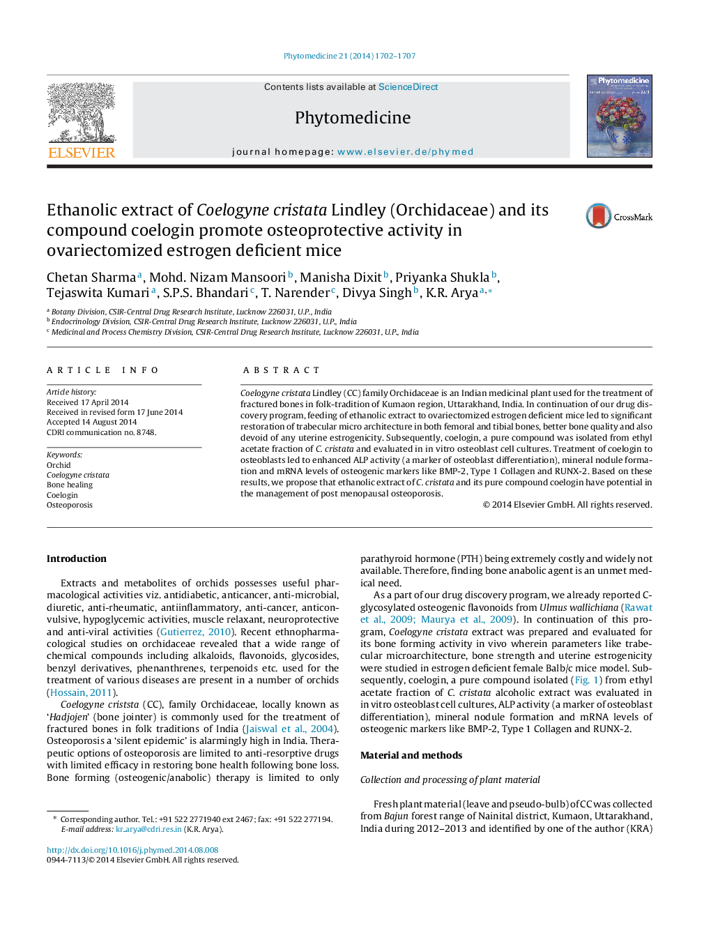 Ethanolic extract of Coelogyne cristata Lindley (Orchidaceae) and its compound coelogin promote osteoprotective activity in ovariectomized estrogen deficient mice