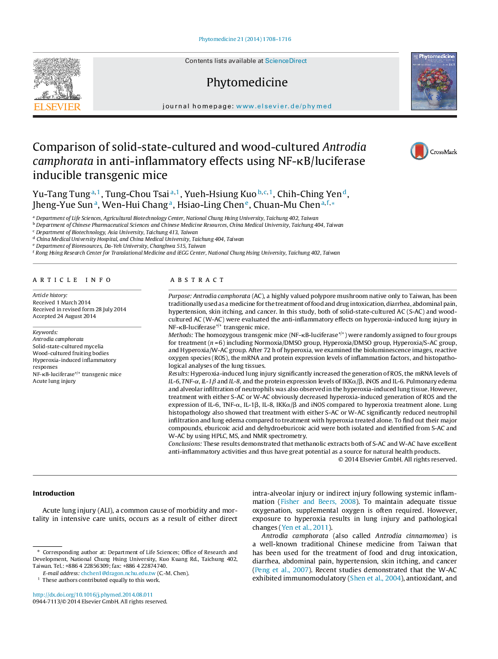 Comparison of solid-state-cultured and wood-cultured Antrodia camphorata in anti-inflammatory effects using NF-ÎºB/luciferase inducible transgenic mice