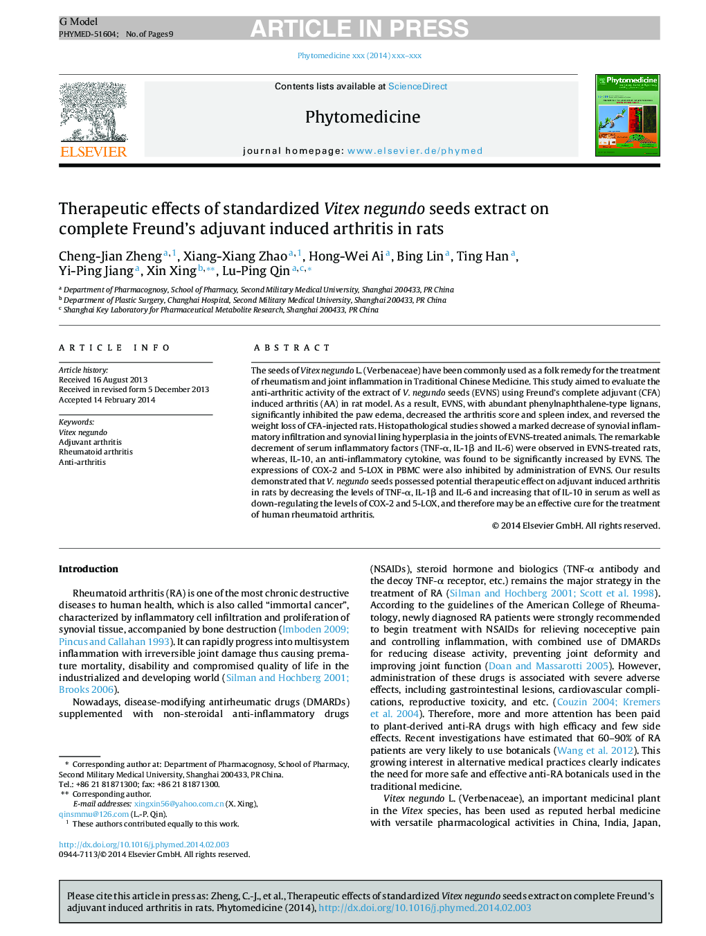 Therapeutic effects of standardized Vitex negundo seeds extract on complete Freund's adjuvant induced arthritis in rats