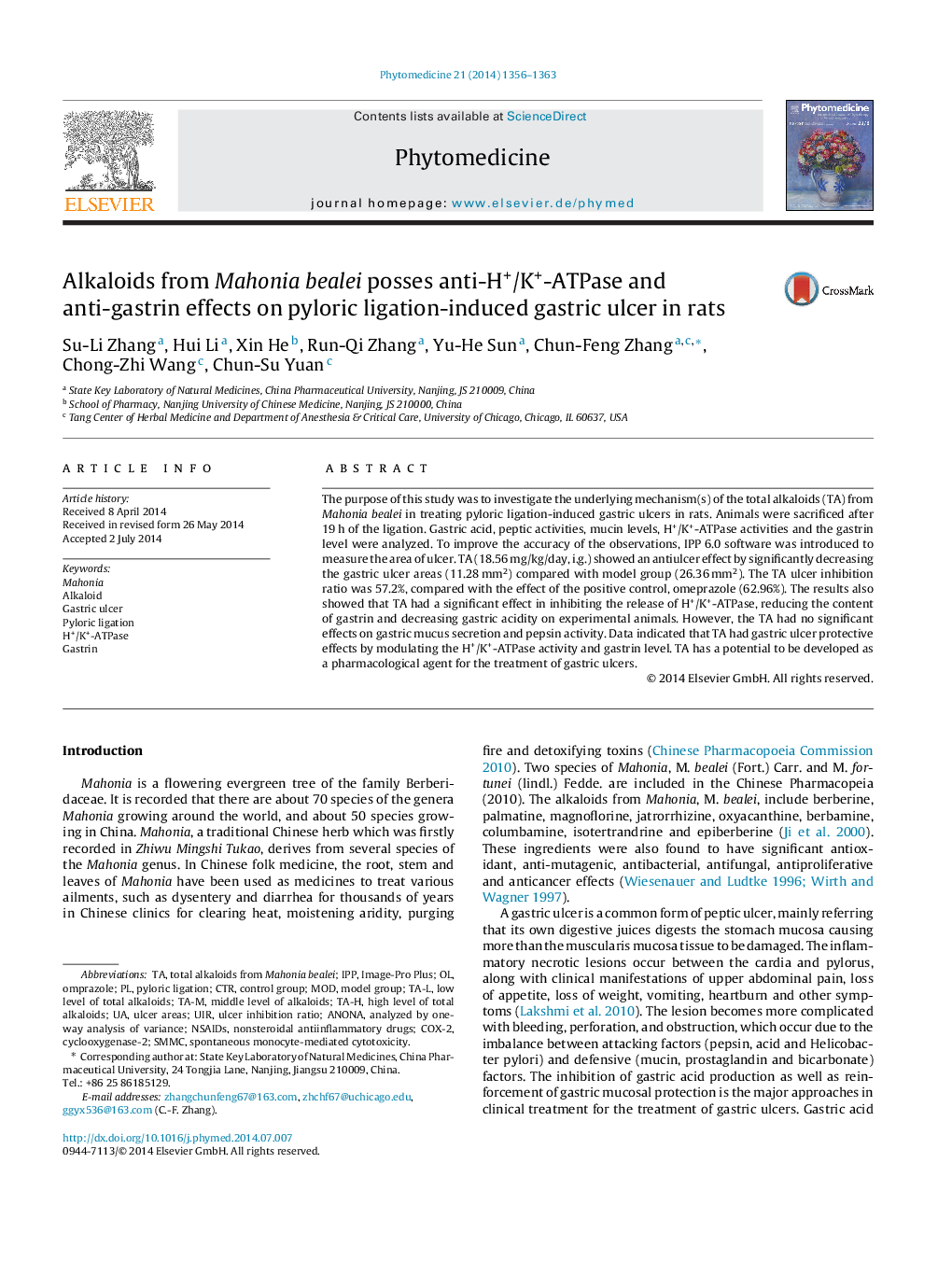 Alkaloids from Mahonia bealei posses anti-H+/K+-ATPase and anti-gastrin effects on pyloric ligation-induced gastric ulcer in rats