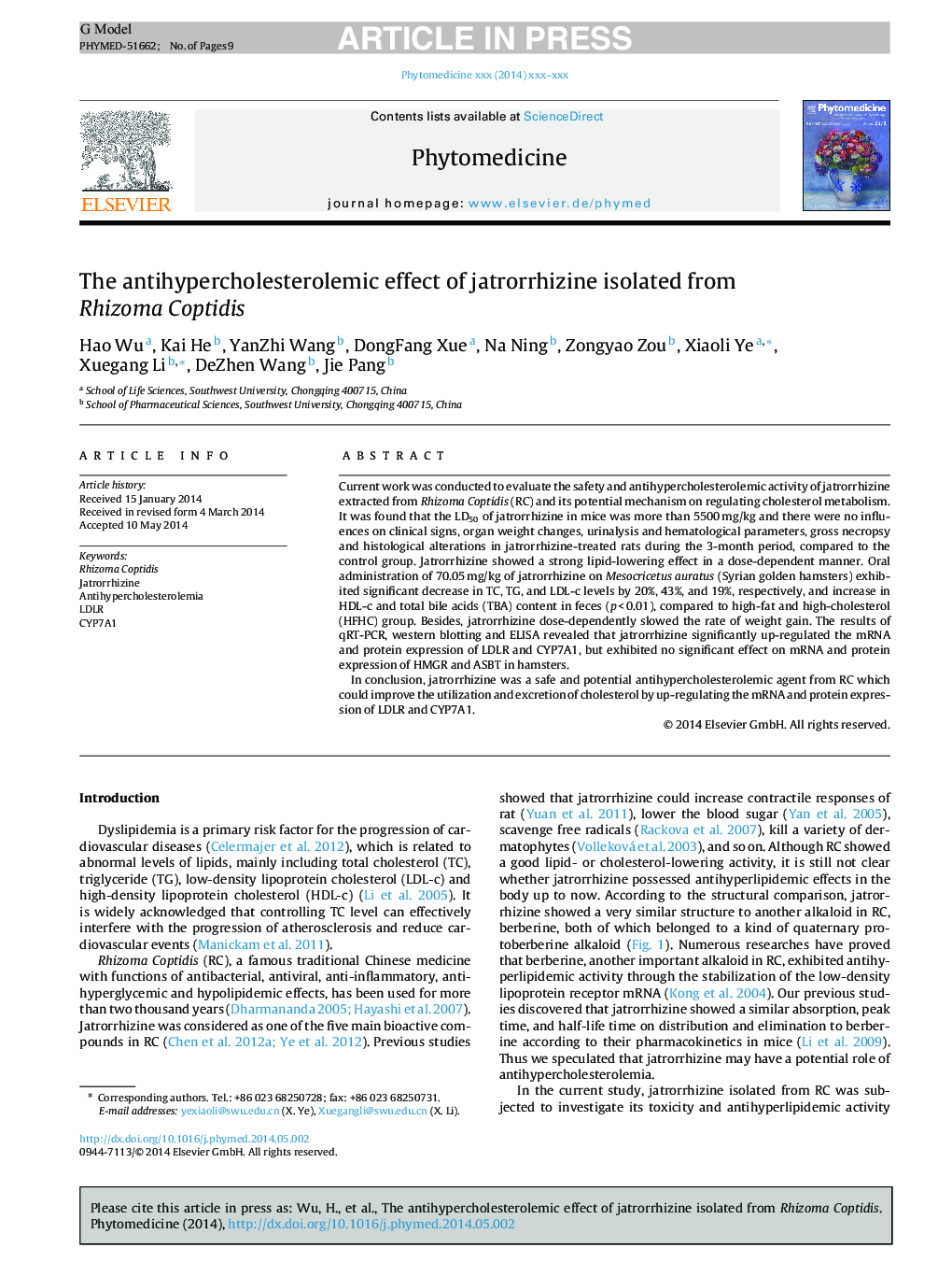 The antihypercholesterolemic effect of jatrorrhizine isolated from Rhizoma Coptidis