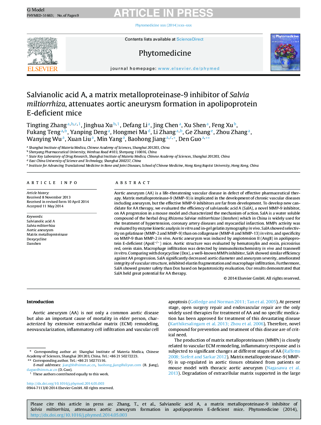 Salvianolic acid A, a matrix metalloproteinase-9 inhibitor of Salvia miltiorrhiza, attenuates aortic aneurysm formation in apolipoprotein E-deficient mice