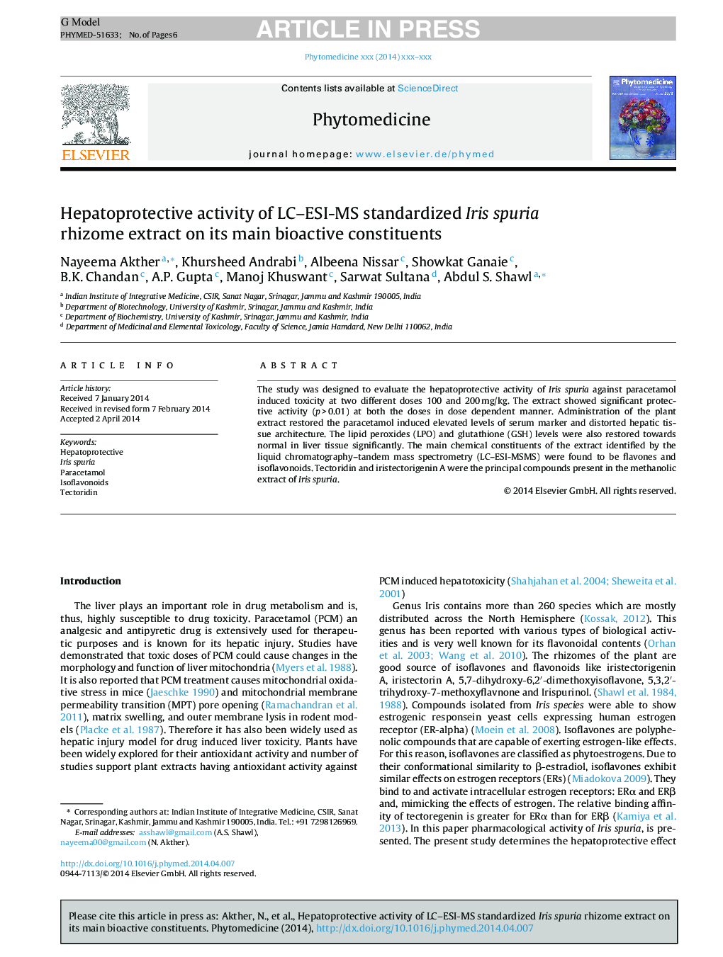 Hepatoprotective activity of LC-ESI-MS standardized Iris spuria rhizome extract on its main bioactive constituents