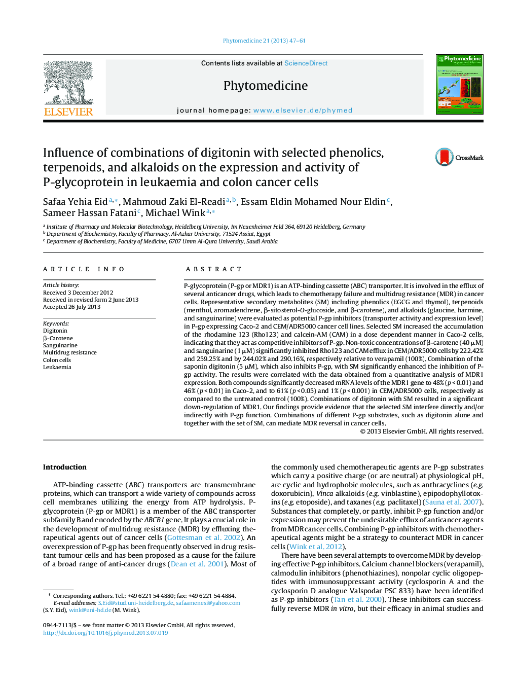 Influence of combinations of digitonin with selected phenolics, terpenoids, and alkaloids on the expression and activity of P-glycoprotein in leukaemia and colon cancer cells