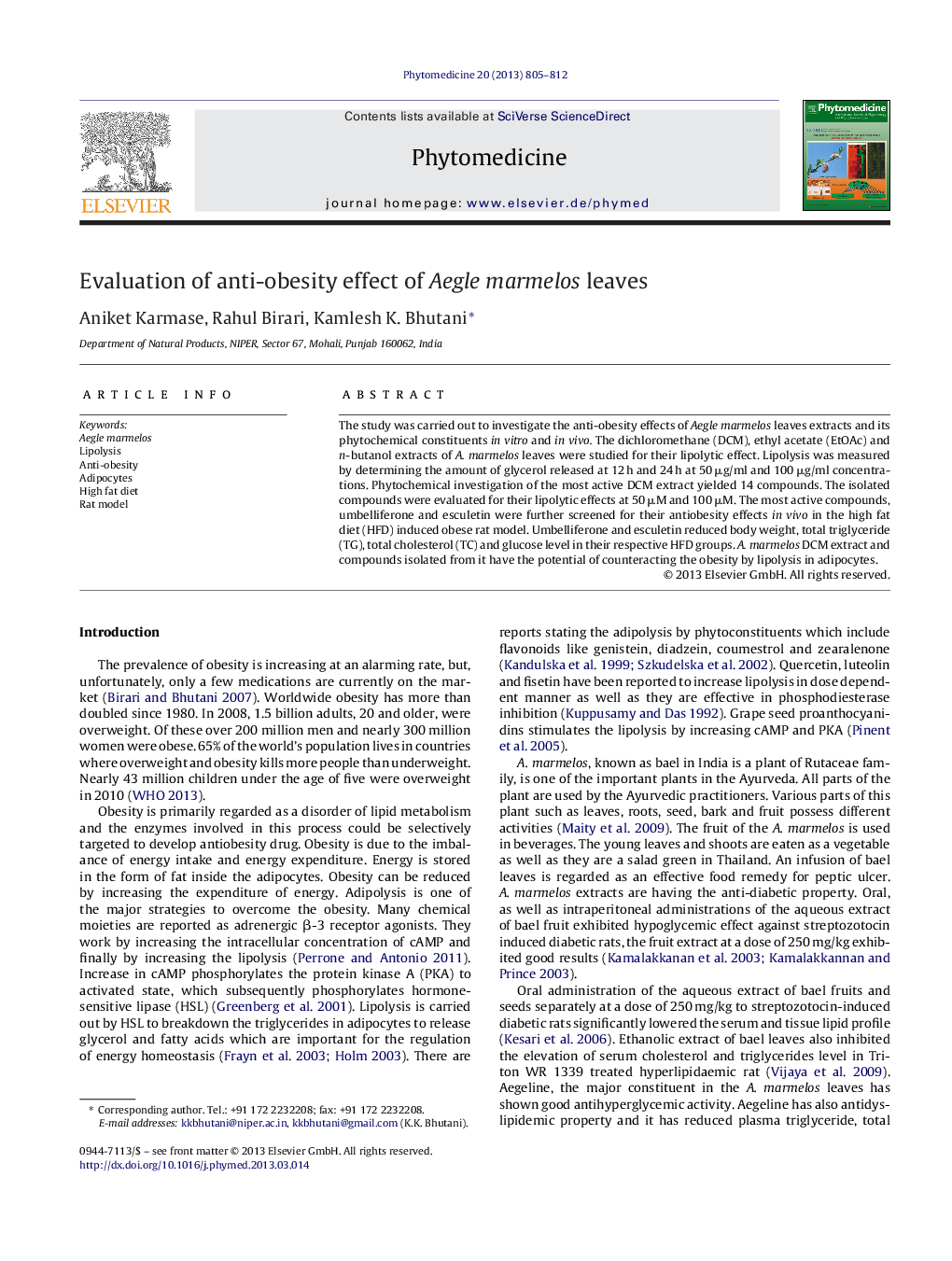 Evaluation of anti-obesity effect of Aegle marmelos leaves