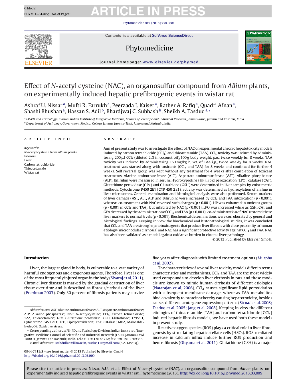 Effect of N-acetyl cysteine (NAC), an organosulfur compound from Allium plants, on experimentally induced hepatic prefibrogenic events in wistar rat