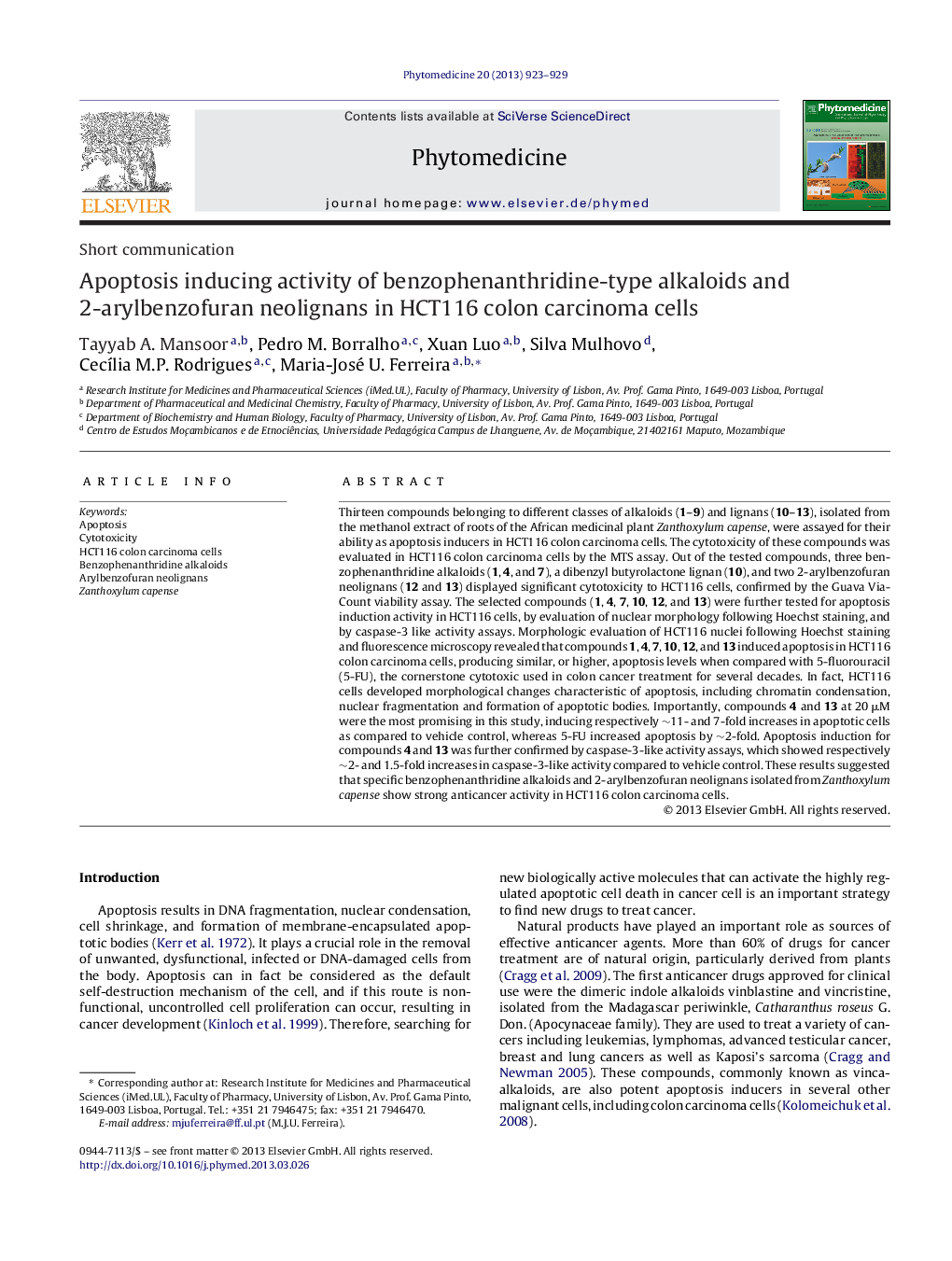 Short communicationApoptosis inducing activity of benzophenanthridine-type alkaloids and 2-arylbenzofuran neolignans in HCT116 colon carcinoma cells