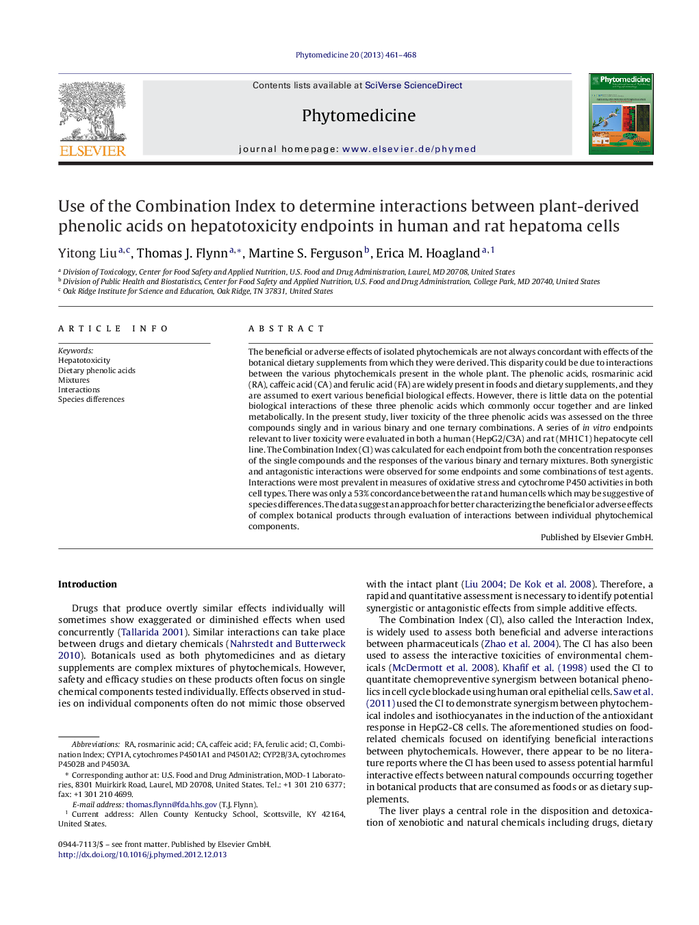 Use of the Combination Index to determine interactions between plant-derived phenolic acids on hepatotoxicity endpoints in human and rat hepatoma cells