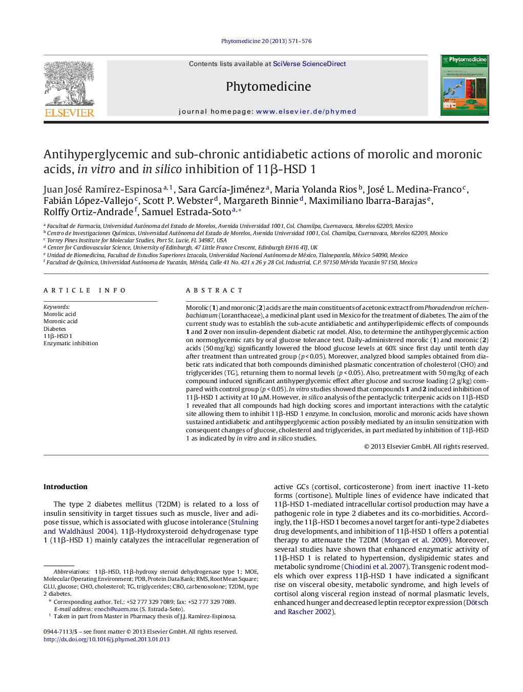 Antihyperglycemic and sub-chronic antidiabetic actions of morolic and moronic acids, in vitro and in silico inhibition of 11Î²-HSD 1