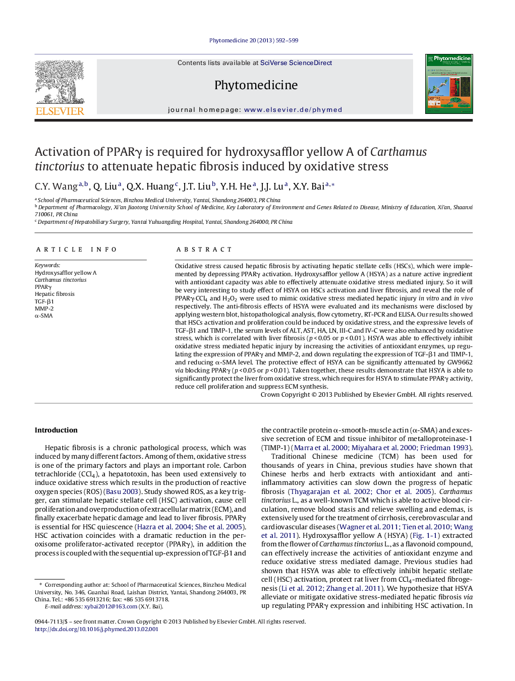 Activation of PPARÎ³ is required for hydroxysafflor yellow A of Carthamus tinctorius to attenuate hepatic fibrosis induced by oxidative stress