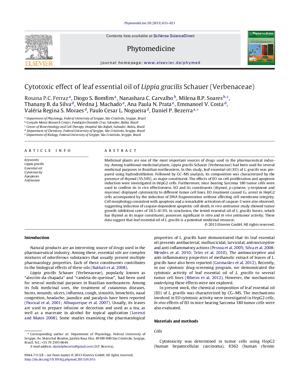 Cytotoxic effect of leaf essential oil of Lippia gracilis Schauer (Verbenaceae)