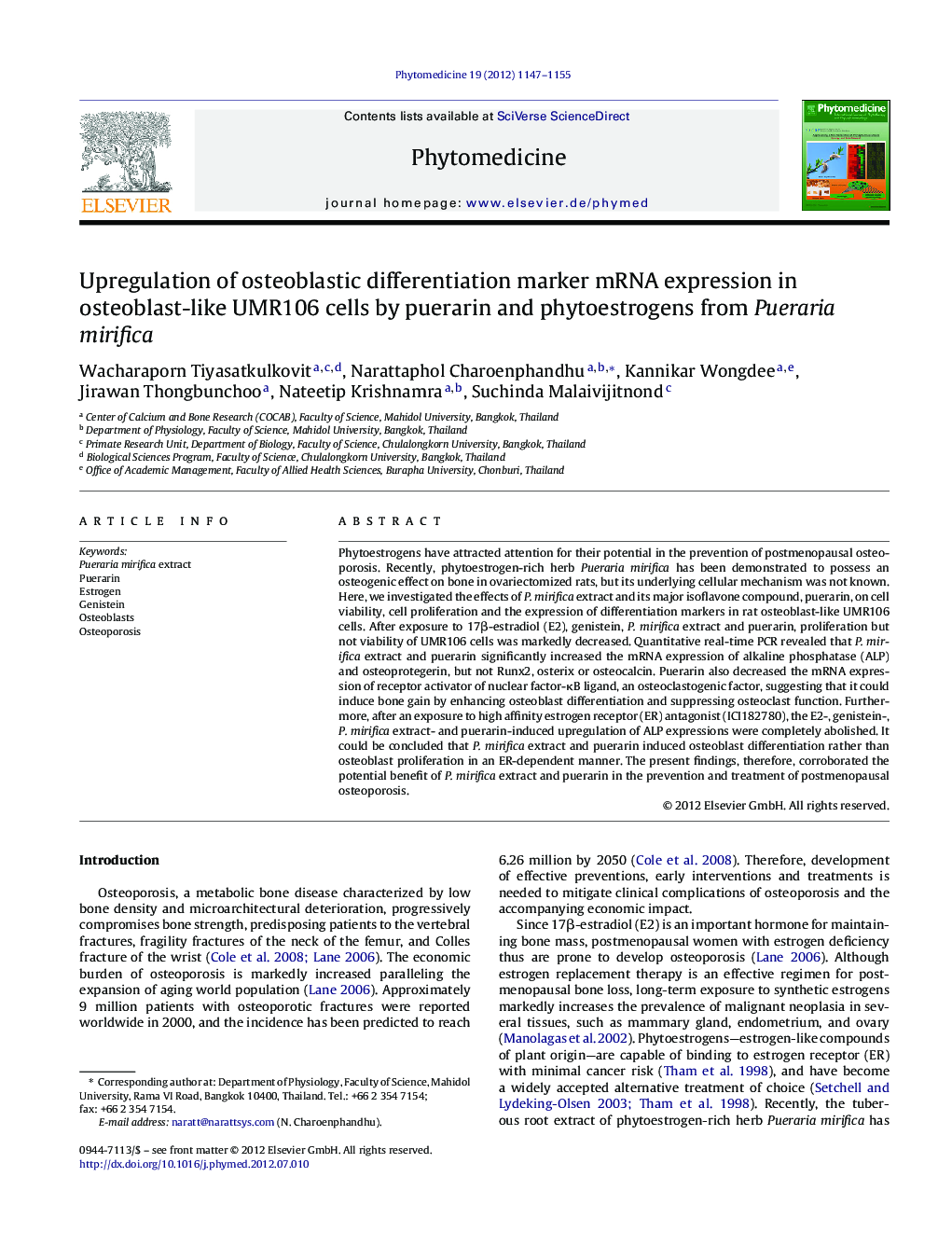 Upregulation of osteoblastic differentiation marker mRNA expression in osteoblast-like UMR106 cells by puerarin and phytoestrogens from Pueraria mirifica