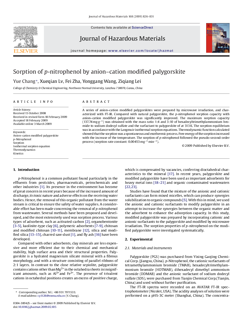 Sorption of p-nitrophenol by anion-cation modified palygorskite