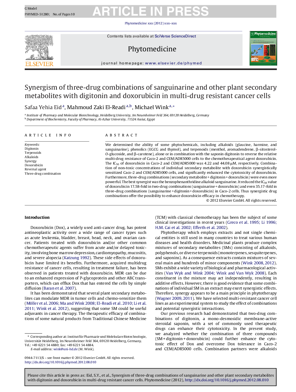 Synergism of three-drug combinations of sanguinarine and other plant secondary metabolites with digitonin and doxorubicin in multi-drug resistant cancer cells