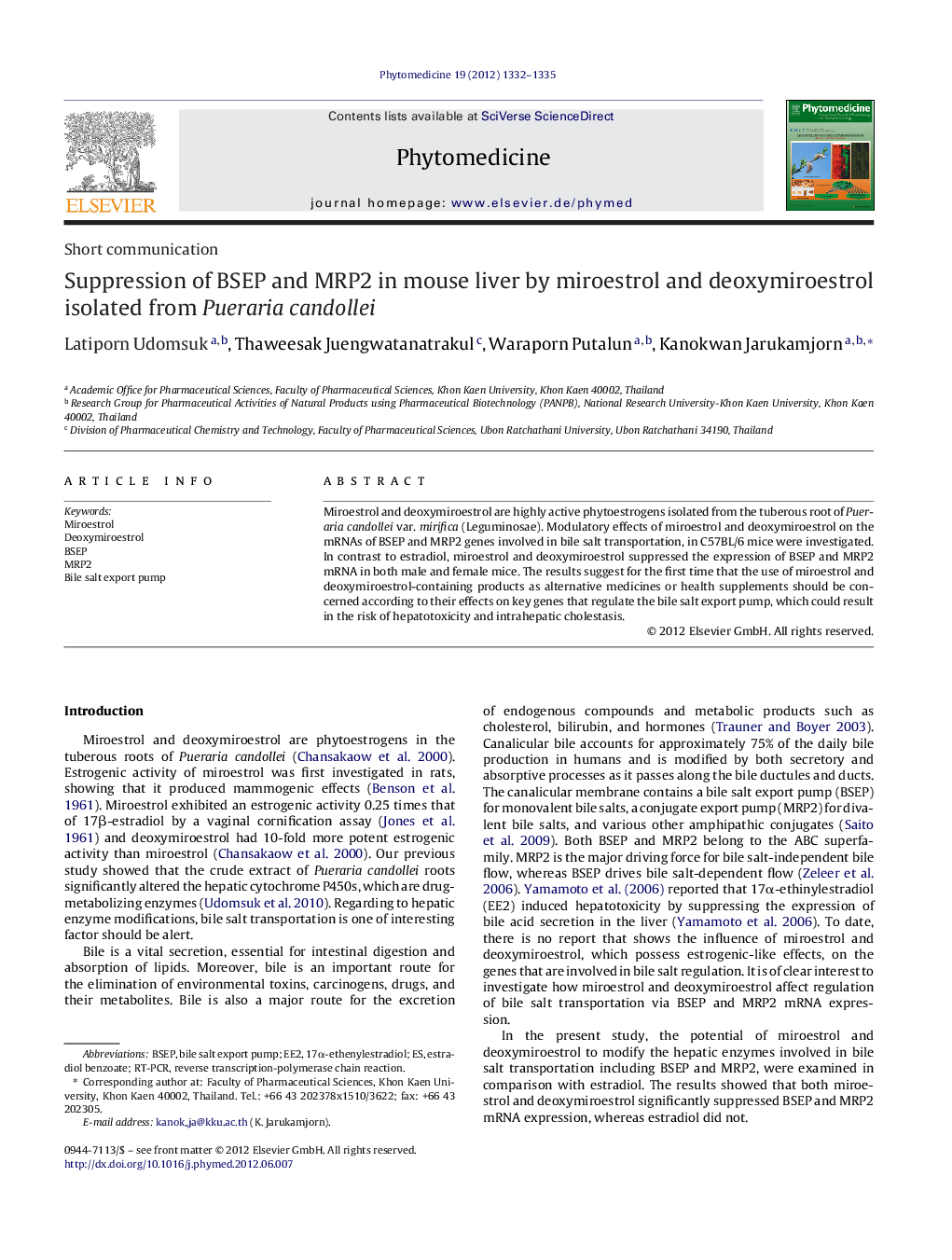 Suppression of BSEP and MRP2 in mouse liver by miroestrol and deoxymiroestrol isolated from Pueraria candollei