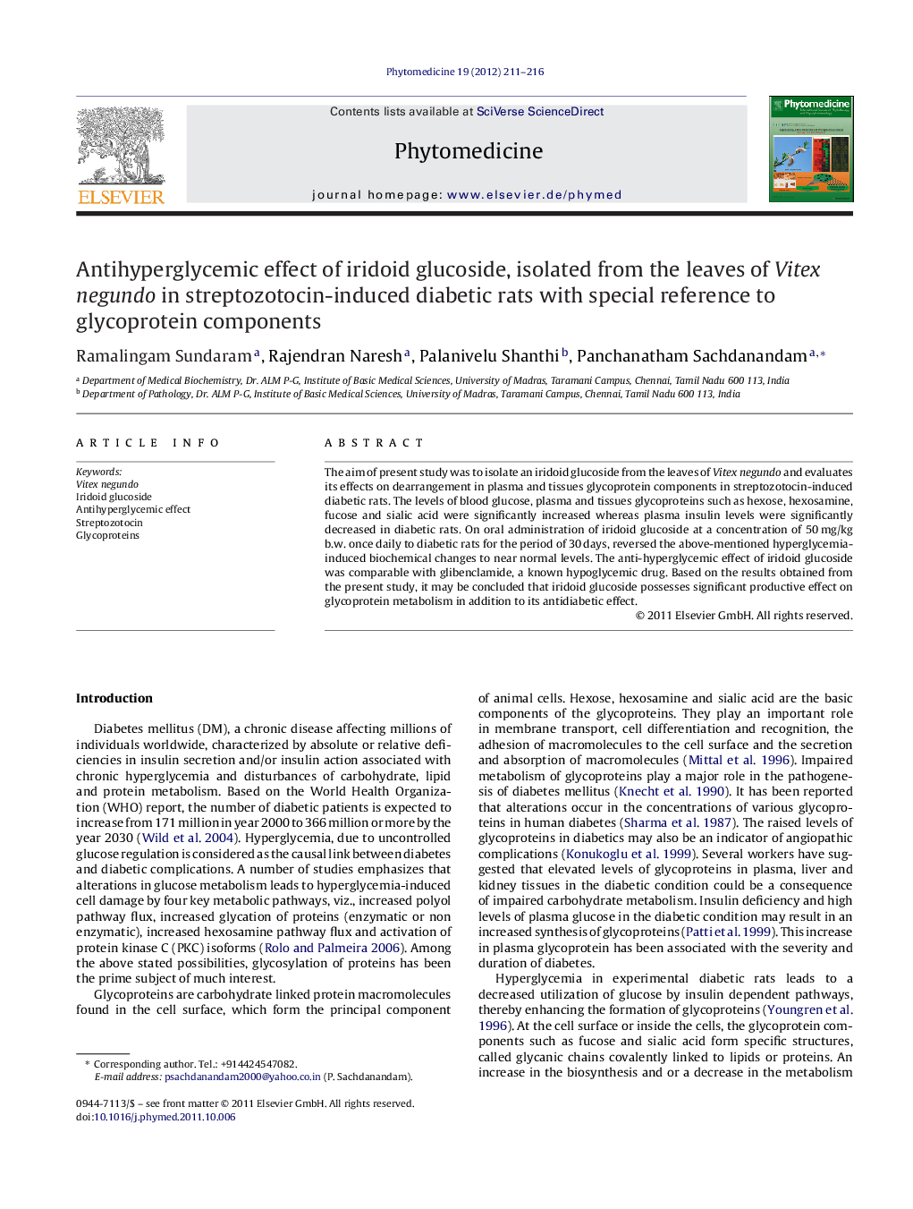 Antihyperglycemic effect of iridoid glucoside, isolated from the leaves of Vitex negundo in streptozotocin-induced diabetic rats with special reference to glycoprotein components