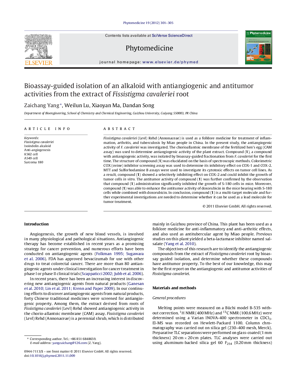 Bioassay-guided isolation of an alkaloid with antiangiogenic and antitumor activities from the extract of Fissistigma cavaleriei root