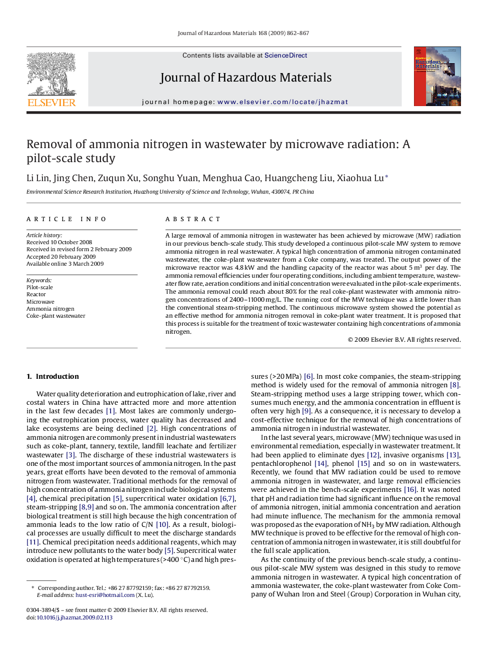 Removal of ammonia nitrogen in wastewater by microwave radiation: A pilot-scale study