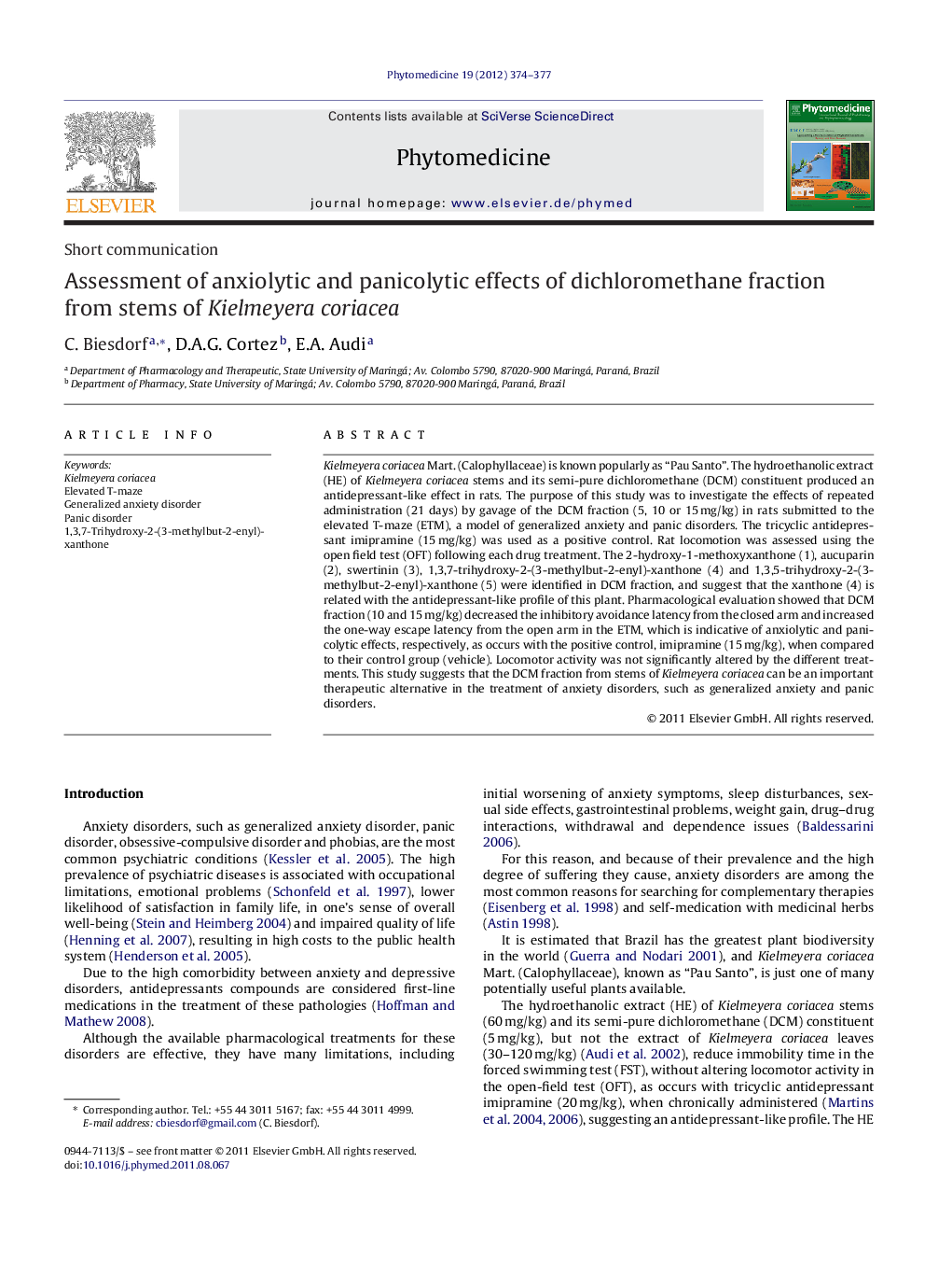 Assessment of anxiolytic and panicolytic effects of dichloromethane fraction from stems of Kielmeyera coriacea