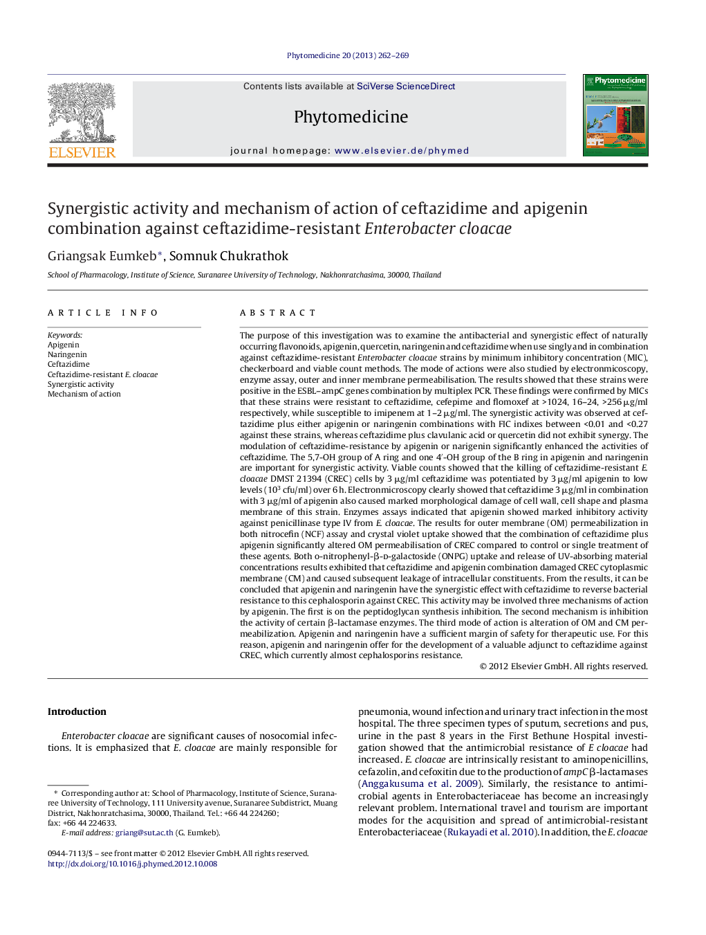 Synergistic activity and mechanism of action of ceftazidime and apigenin combination against ceftazidime-resistant Enterobacter cloacae