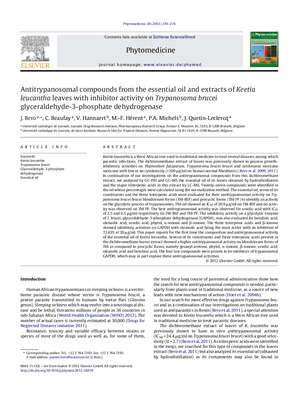 Antitrypanosomal compounds from the essential oil and extracts of Keetia leucantha leaves with inhibitor activity on Trypanosoma brucei glyceraldehyde-3-phosphate dehydrogenase