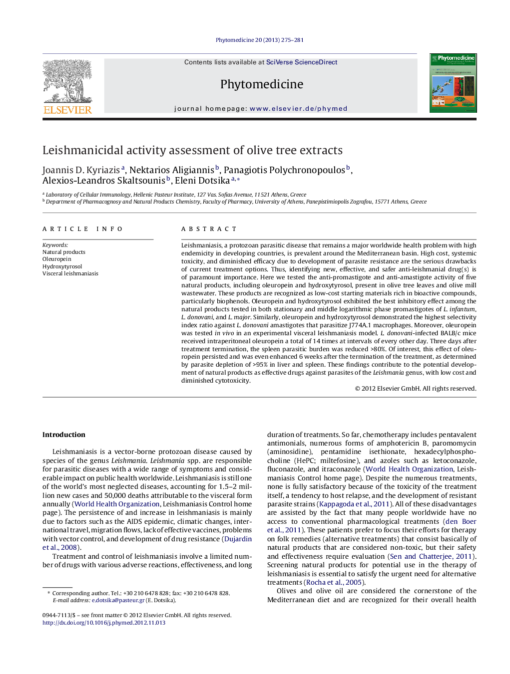 Leishmanicidal activity assessment of olive tree extracts