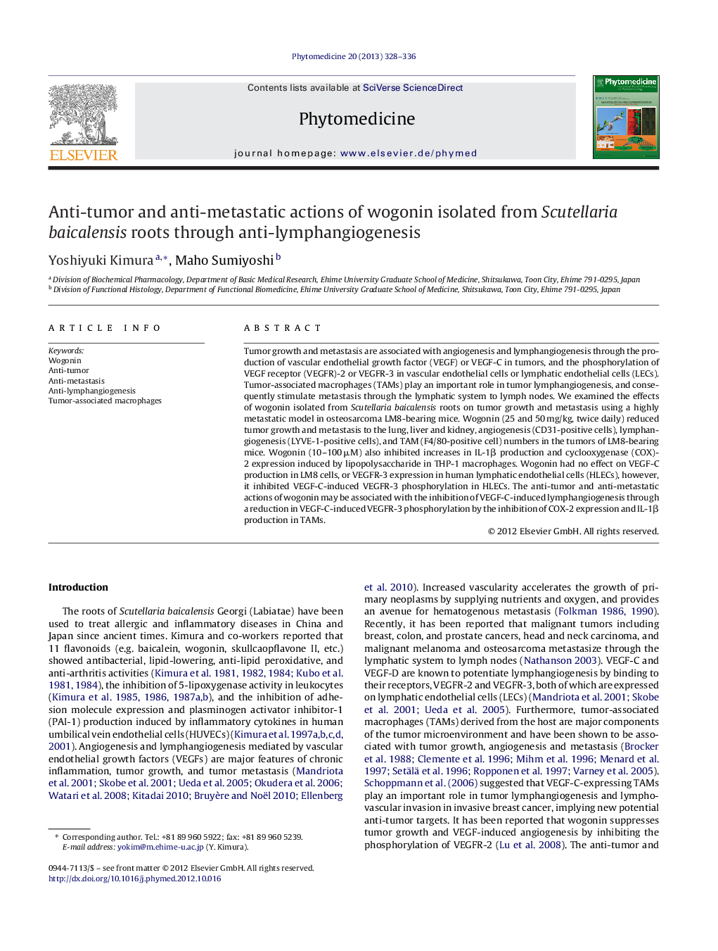 Anti-tumor and anti-metastatic actions of wogonin isolated from Scutellaria baicalensis roots through anti-lymphangiogenesis