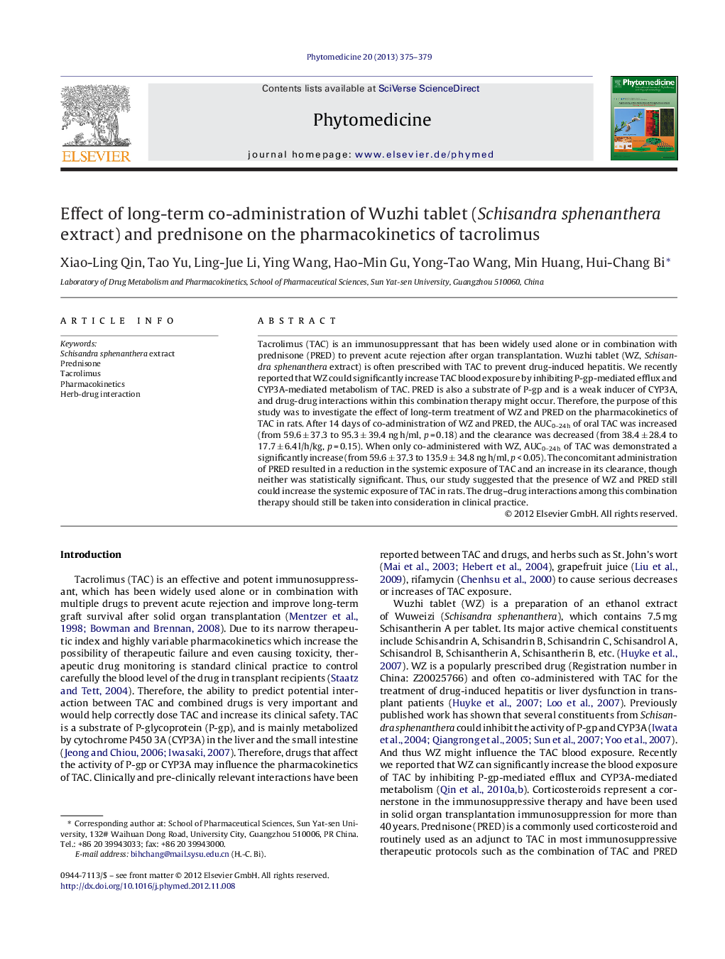 Effect of long-term co-administration of Wuzhi tablet (Schisandra sphenanthera extract) and prednisone on the pharmacokinetics of tacrolimus