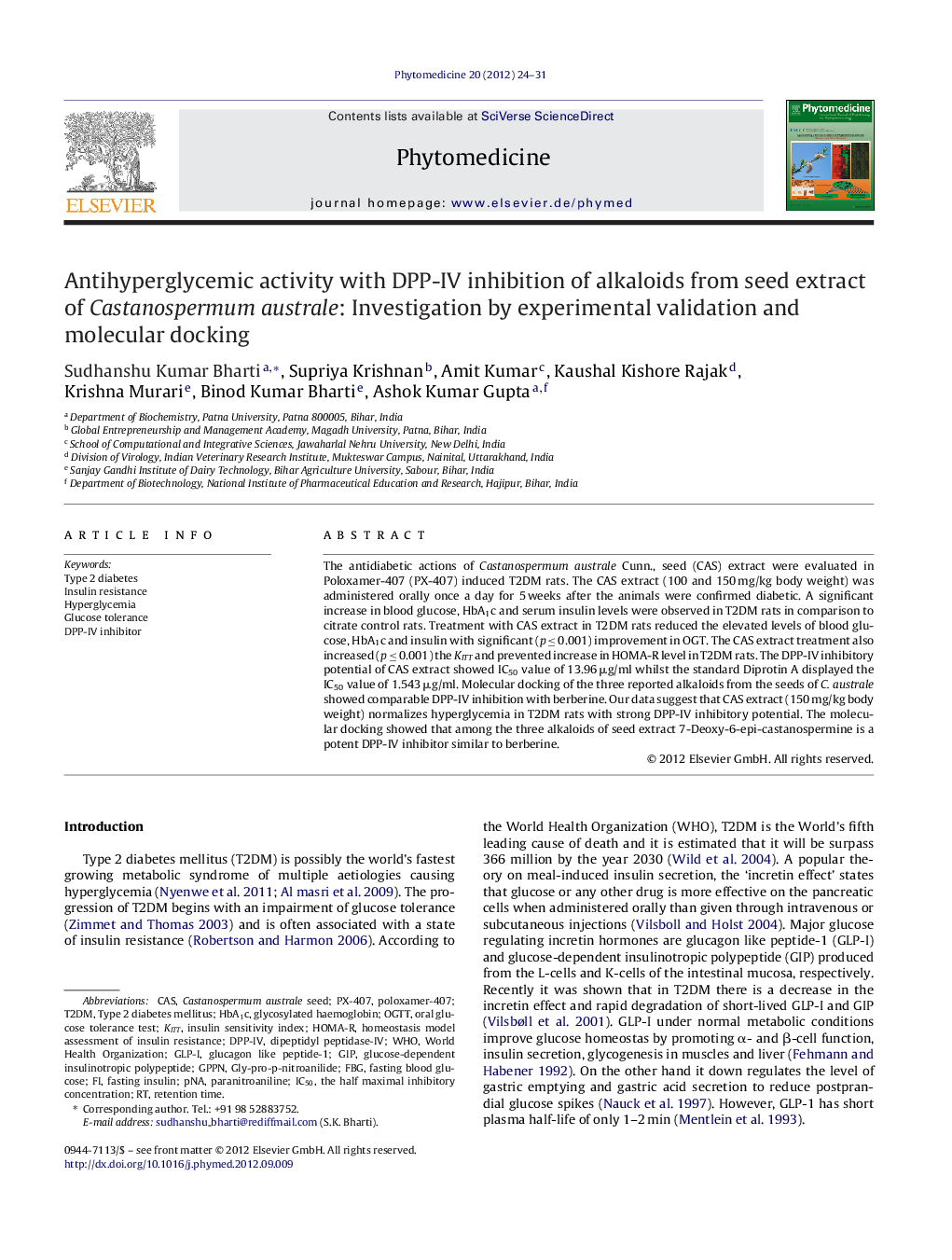 Antihyperglycemic activity with DPP-IV inhibition of alkaloids from seed extract of Castanospermum australe: Investigation by experimental validation and molecular docking