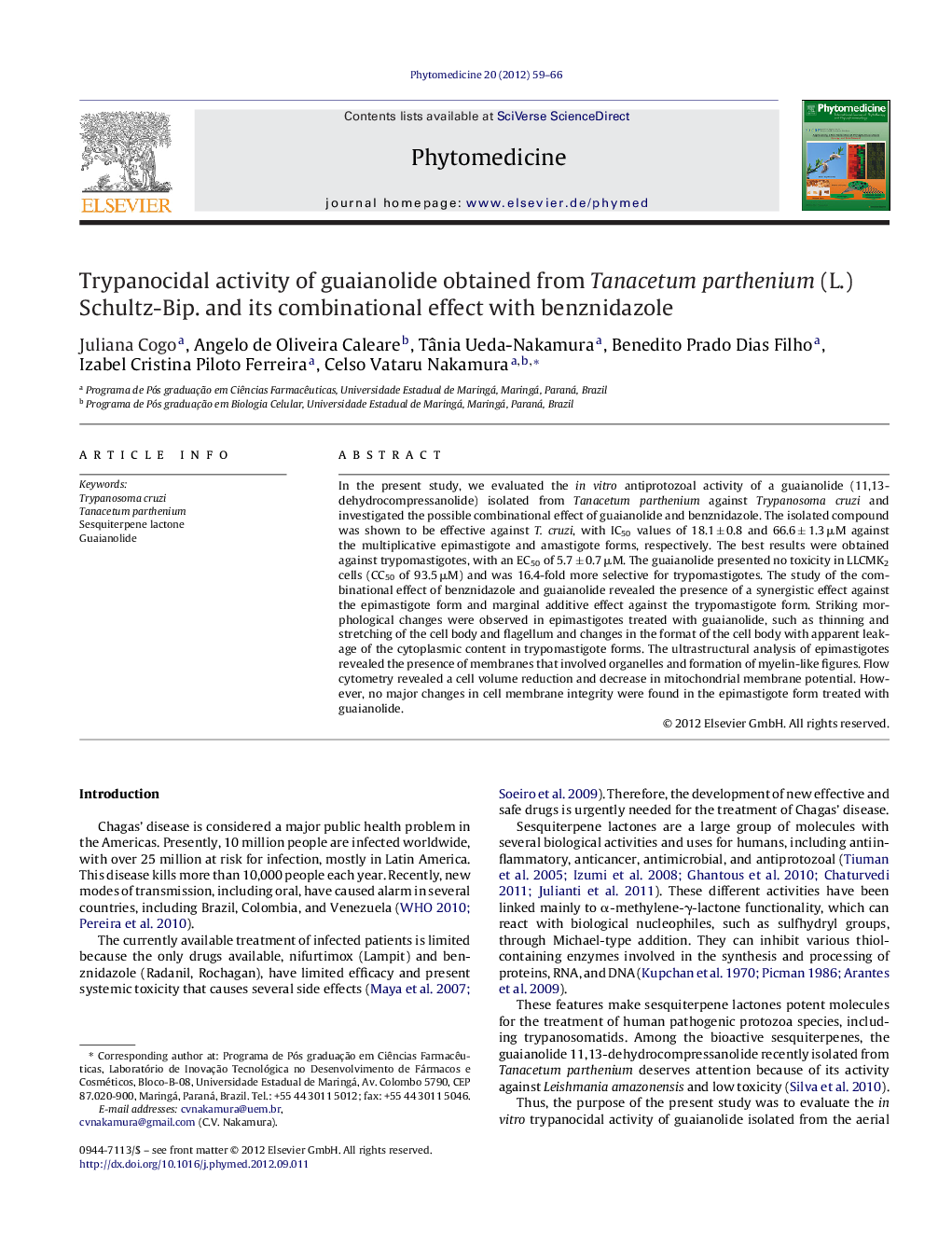 Trypanocidal activity of guaianolide obtained from Tanacetum parthenium (L.) Schultz-Bip. and its combinational effect with benznidazole