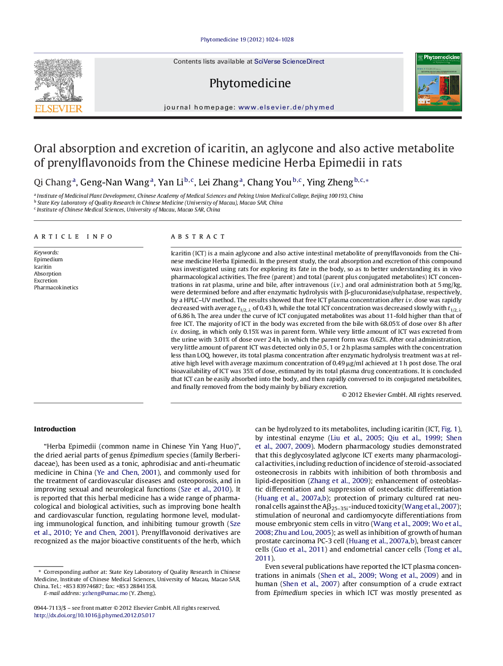 Oral absorption and excretion of icaritin, an aglycone and also active metabolite of prenylflavonoids from the Chinese medicine Herba Epimedii in rats