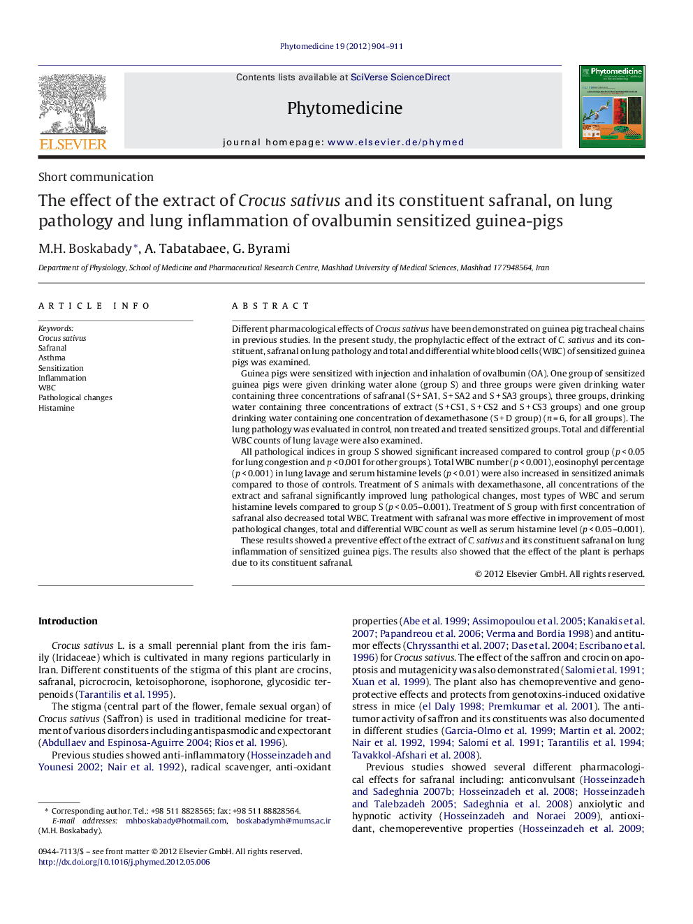 The effect of the extract of Crocus sativus and its constituent safranal, on lung pathology and lung inflammation of ovalbumin sensitized guinea-pigs